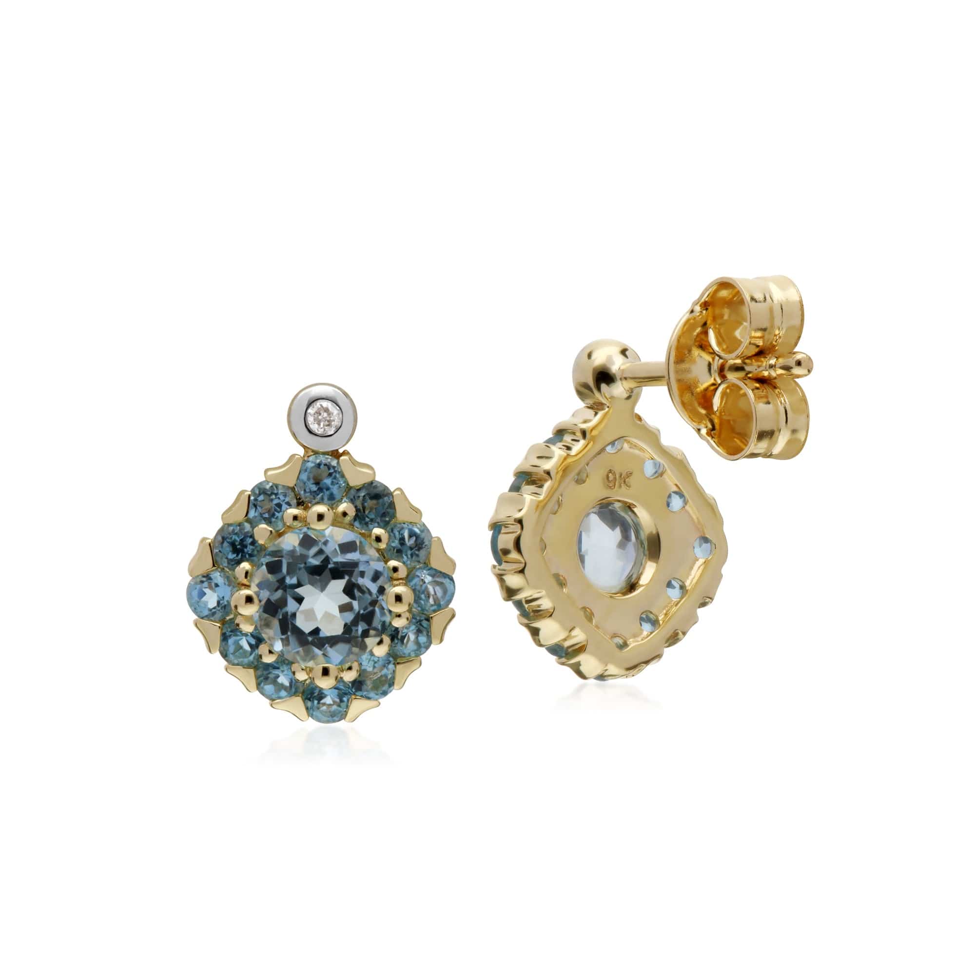 135E1571059 Gemondo 9ct Yellow Gold Blue Topaz & Diamond Square Cluster Stud Earrings 2
