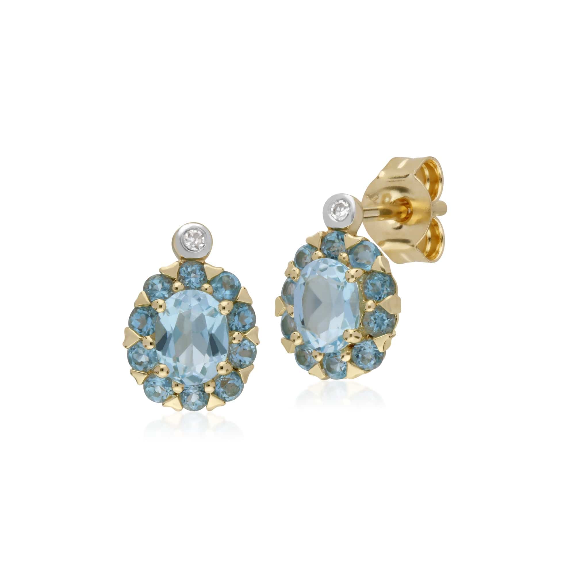 135E1572059 Gemondo 9ct Yellow Gold Blue Topaz & Diamond Oval Cluster Stud Earrings 1