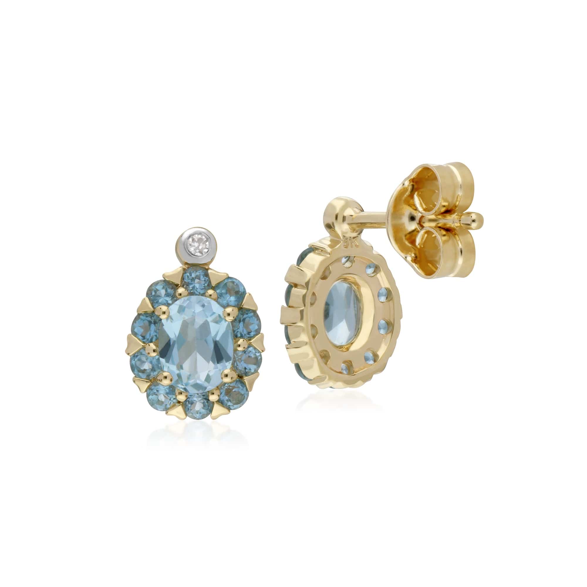 135E1572059 Gemondo 9ct Yellow Gold Blue Topaz & Diamond Oval Cluster Stud Earrings 2