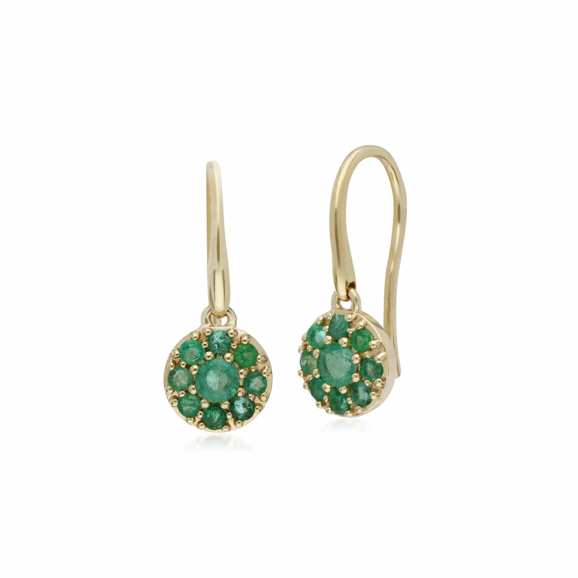 Classic Emerald Cluster Hook Drop Earrings in 9ct Yellow Gold