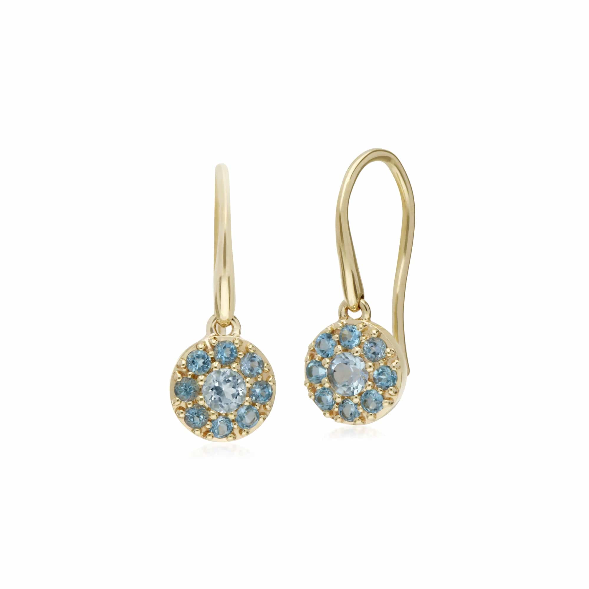 Cluster Round Blue Topaz Circle Fish Hook Drop Earrings in 9ct Yellow Gold - Gemondo