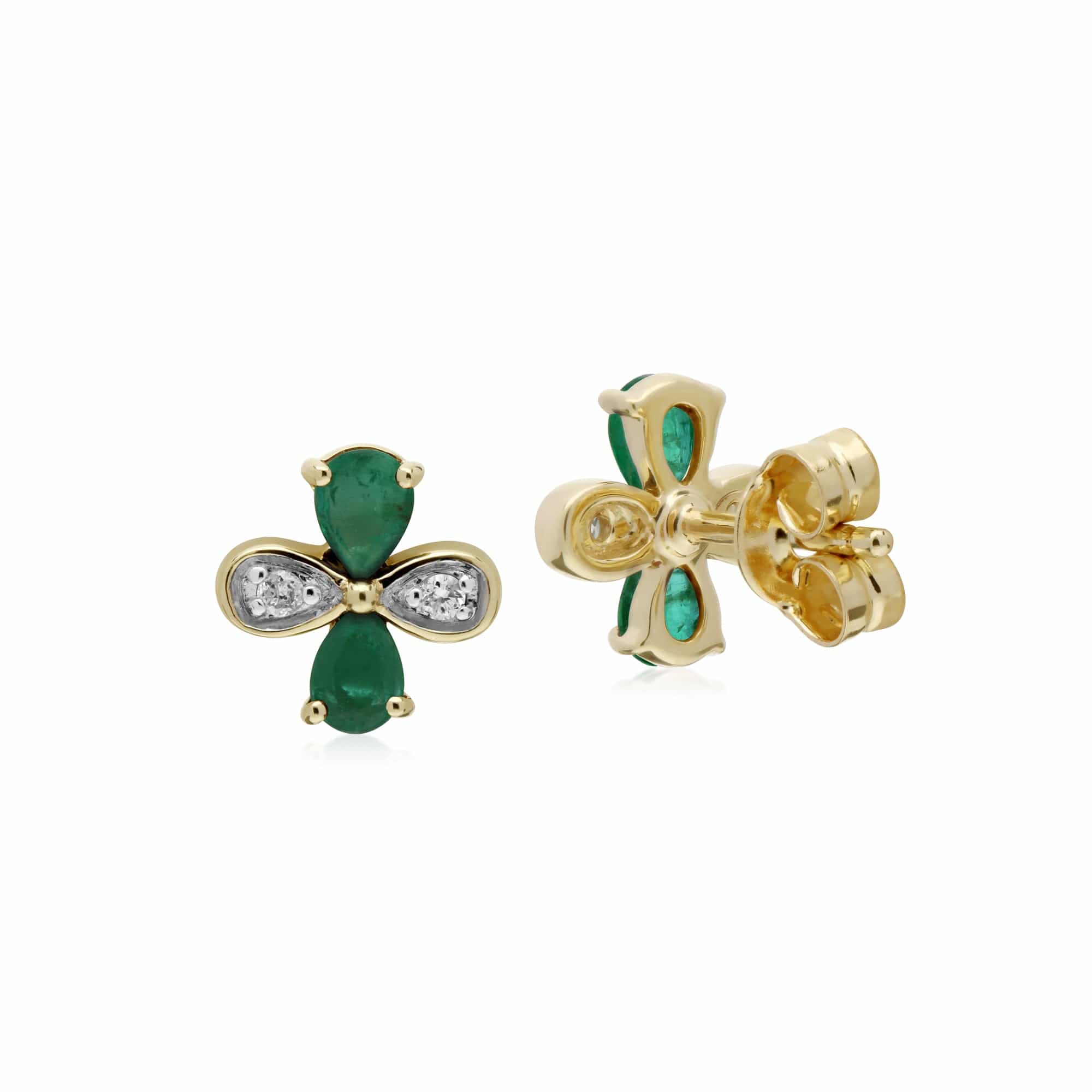Floral Pear Emerald & Diamond Clover Stud Earrings in 9ct Yellow Gold - Gemondo