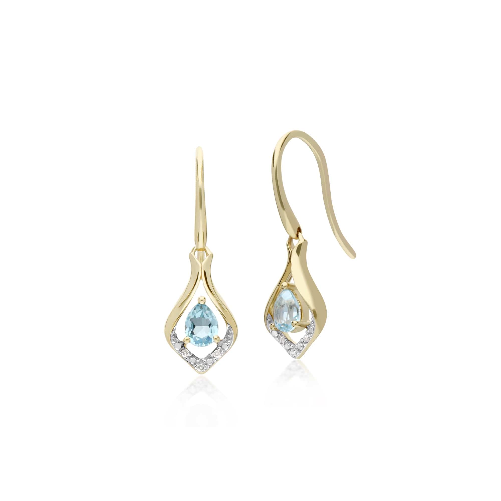 Classic Pear Blue Topaz & Diamond Leaf Halo Drop Earrings in 9ct Yellow Gold - Gemondo