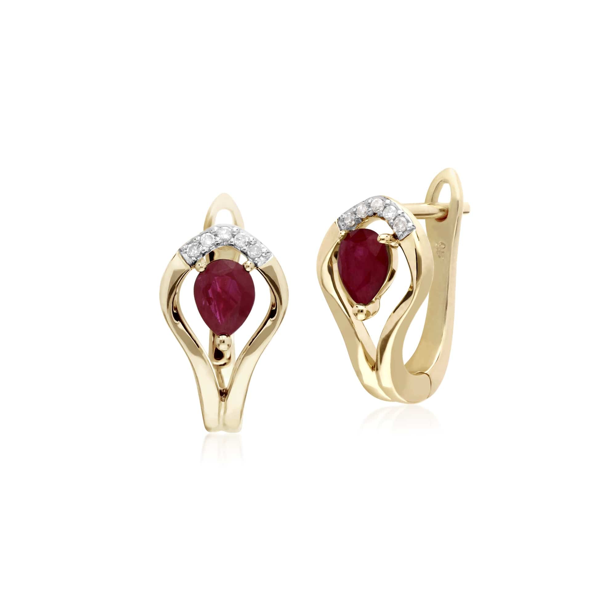 Classic Round Ruby & Diamond Leaf Halo Lever back Earrings in 9ct Yellow Gold