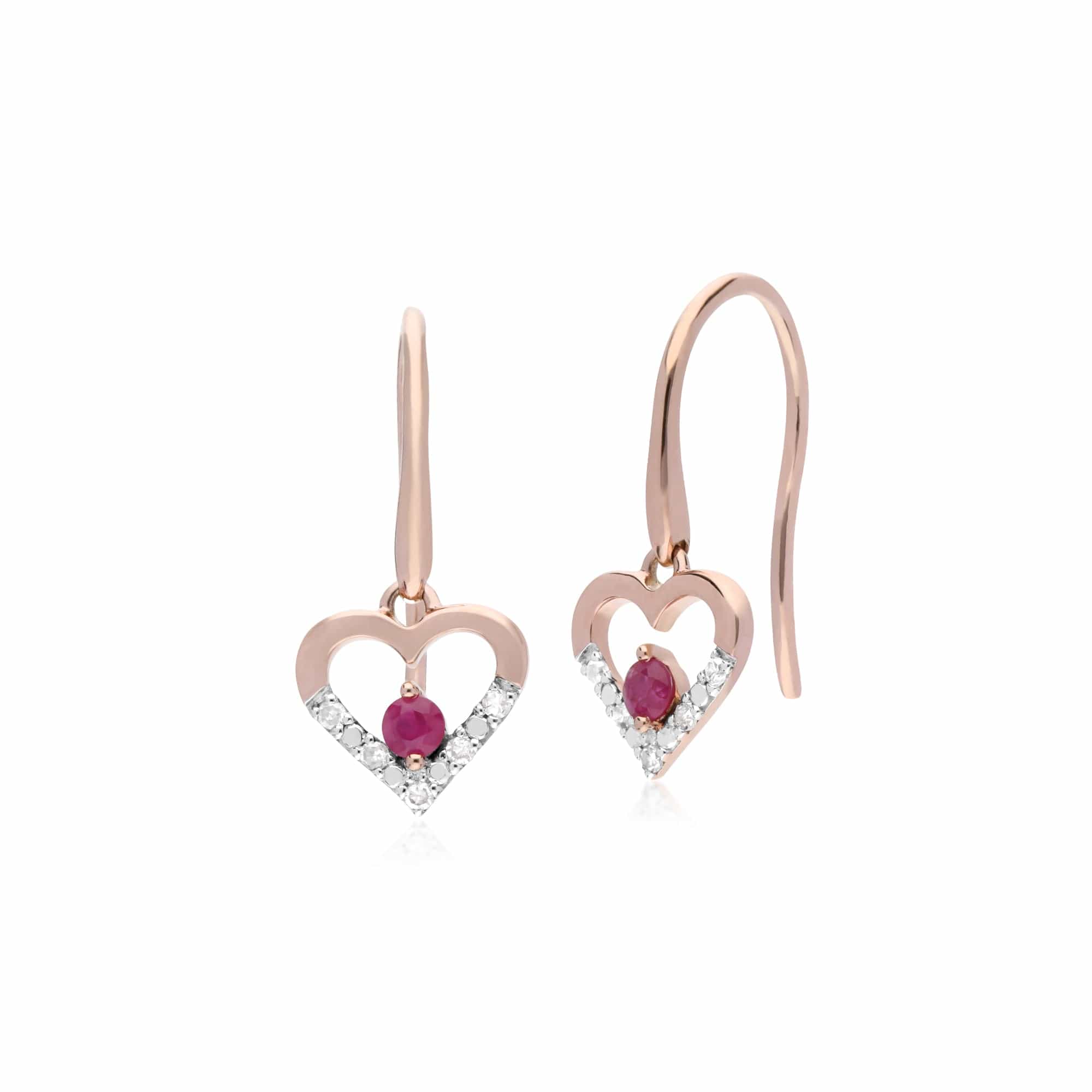135E1580019-135P1921019 Classic Round Ruby & Diamond Heart Drop Earrings & Pendant Set in 9ct Rose Gold 2