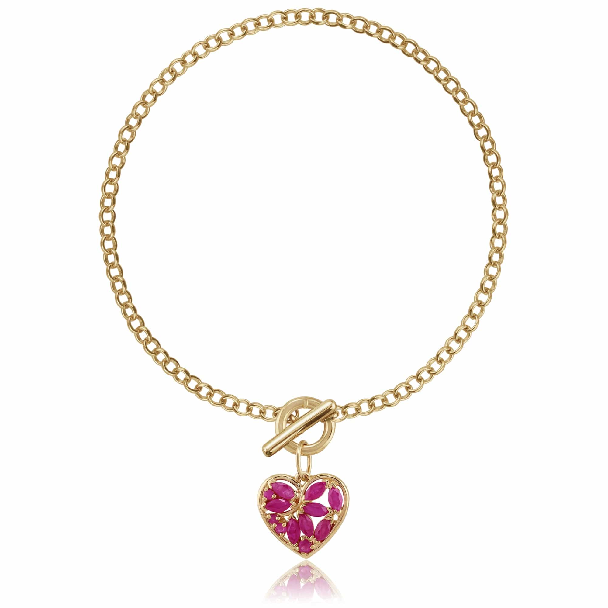 Gemondo Marquise Ruby Heart Charm T-Bar Bracelet in 9ct Yellow Gold