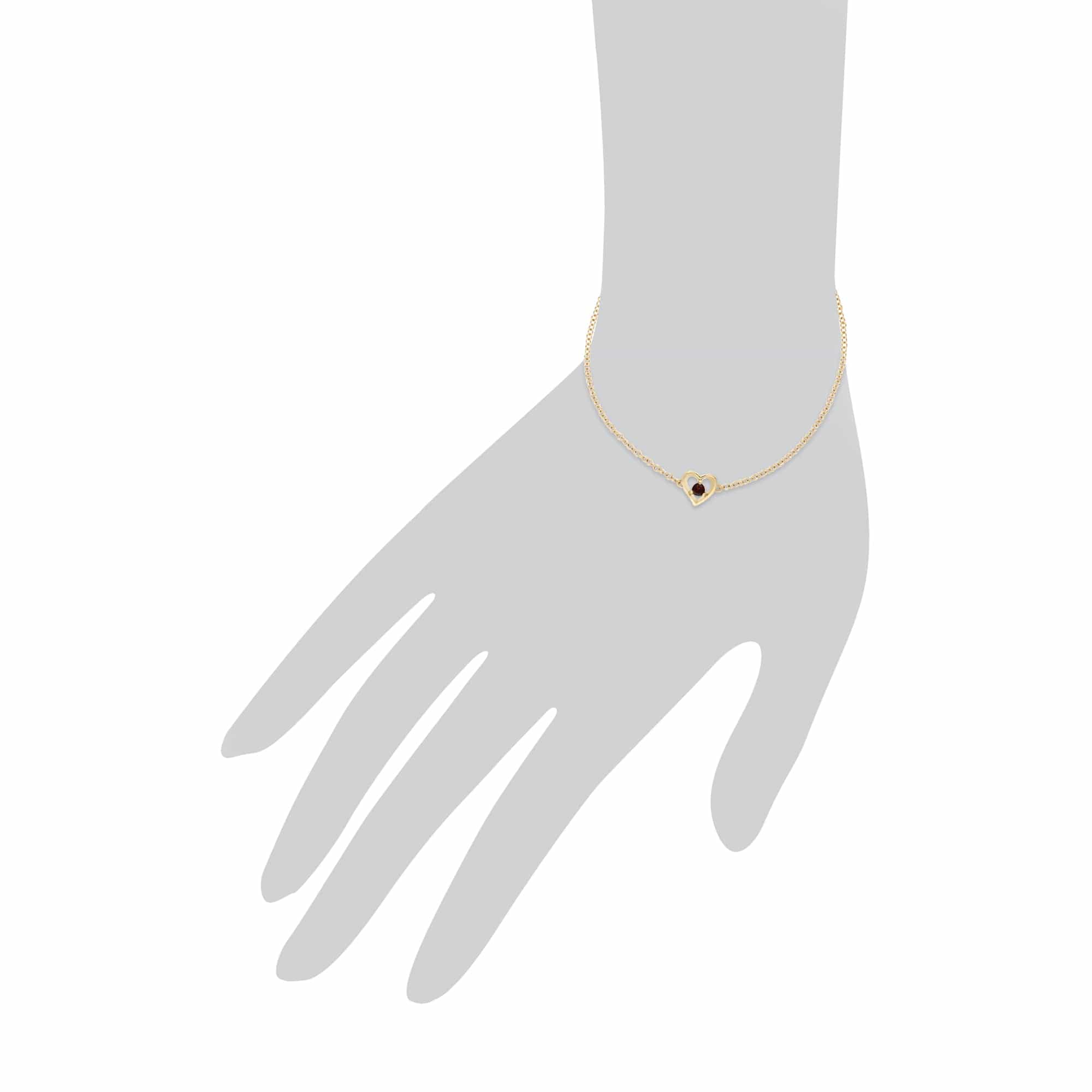 135L0290089 Classic Single Stone Round Garnet Love Heart Bracelet in 9ct Yellow Gold 3