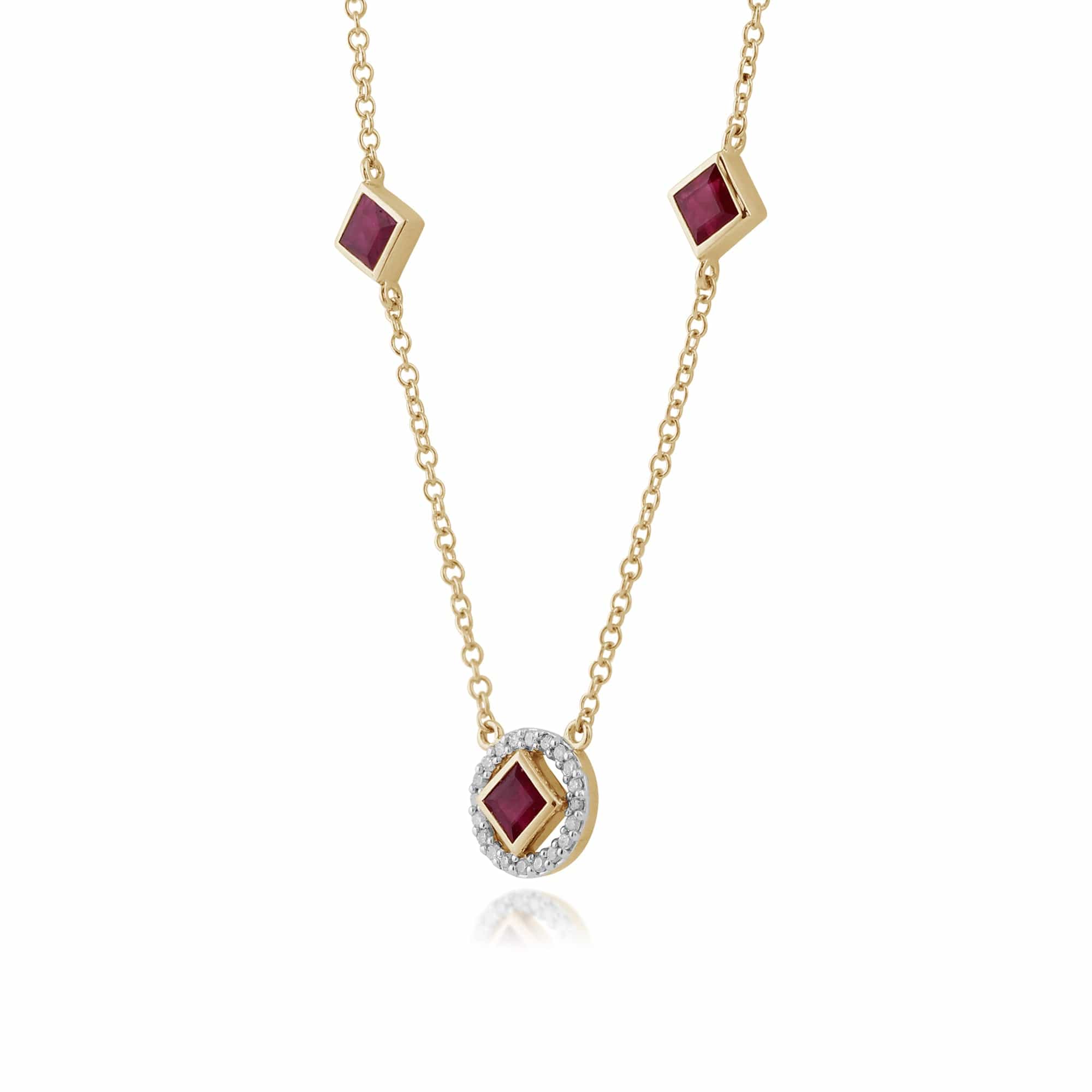 Classic Square Ruby & Diamond Halo Necklace in 9ct Yellow Gold - Gemondo