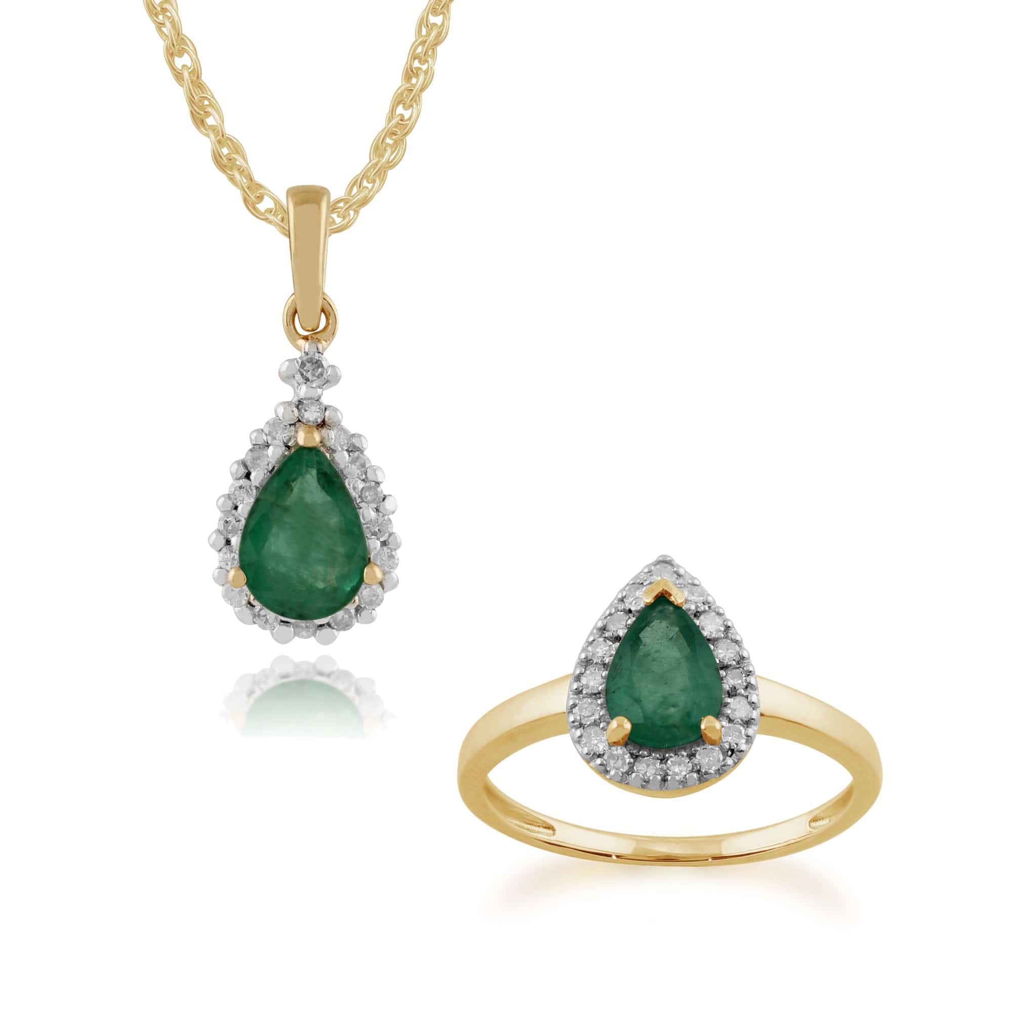 135P1404049-123R0457209 Classic Pear Emerald & Diamond Halo Pendant & Ring Set in 9ct Yellow Gold 1