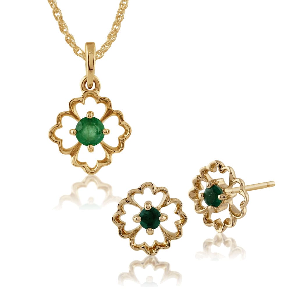 135E1192019-135P1558019 Floral Round Emerald Framed Stud Earrings & Pendant Set in 9ct Yellow Gold 1