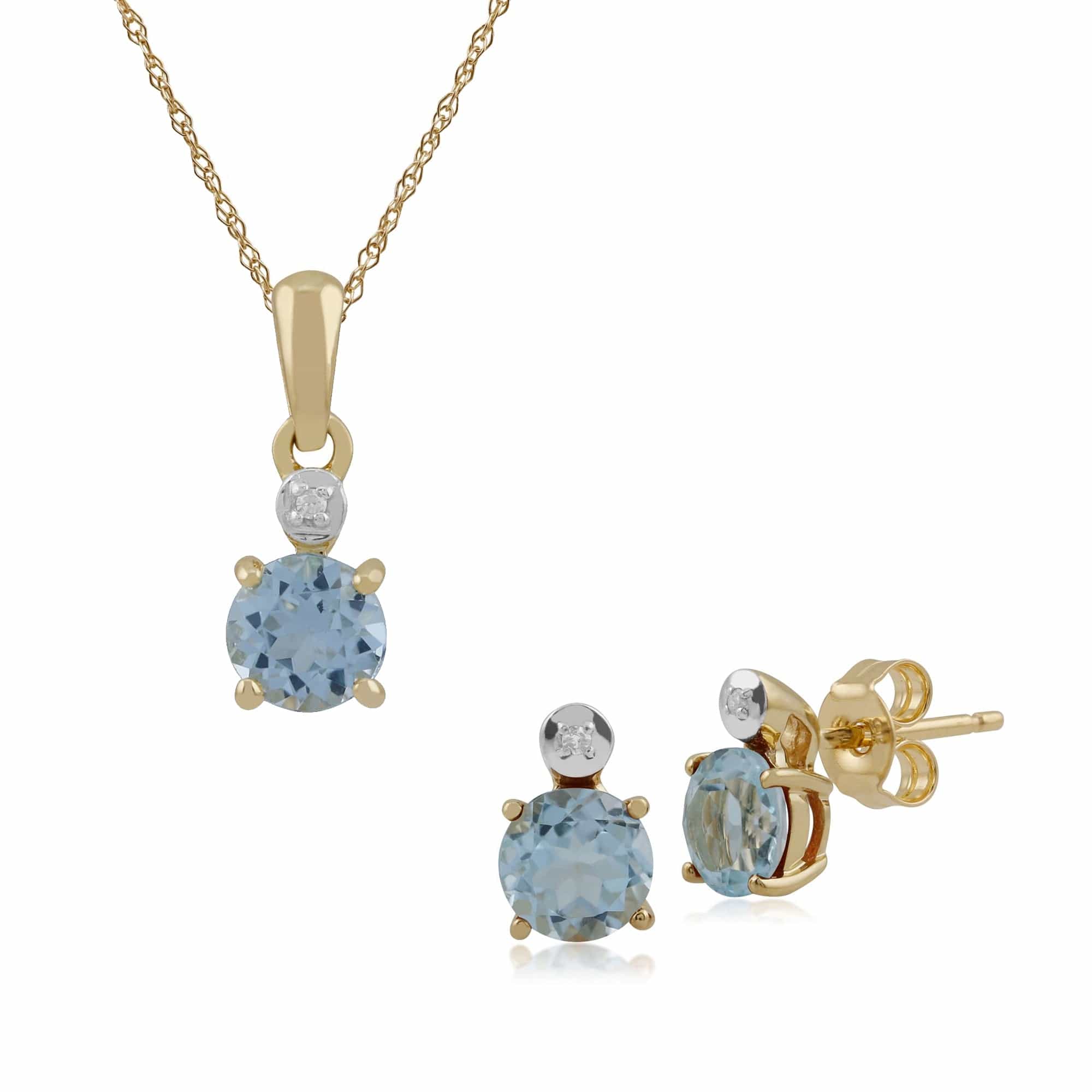 135E1265069-135P1641059 Classic Round Blue Topaz & Diamond Stud Earrings & Pendant Set in 9ct Yellow Gold 1