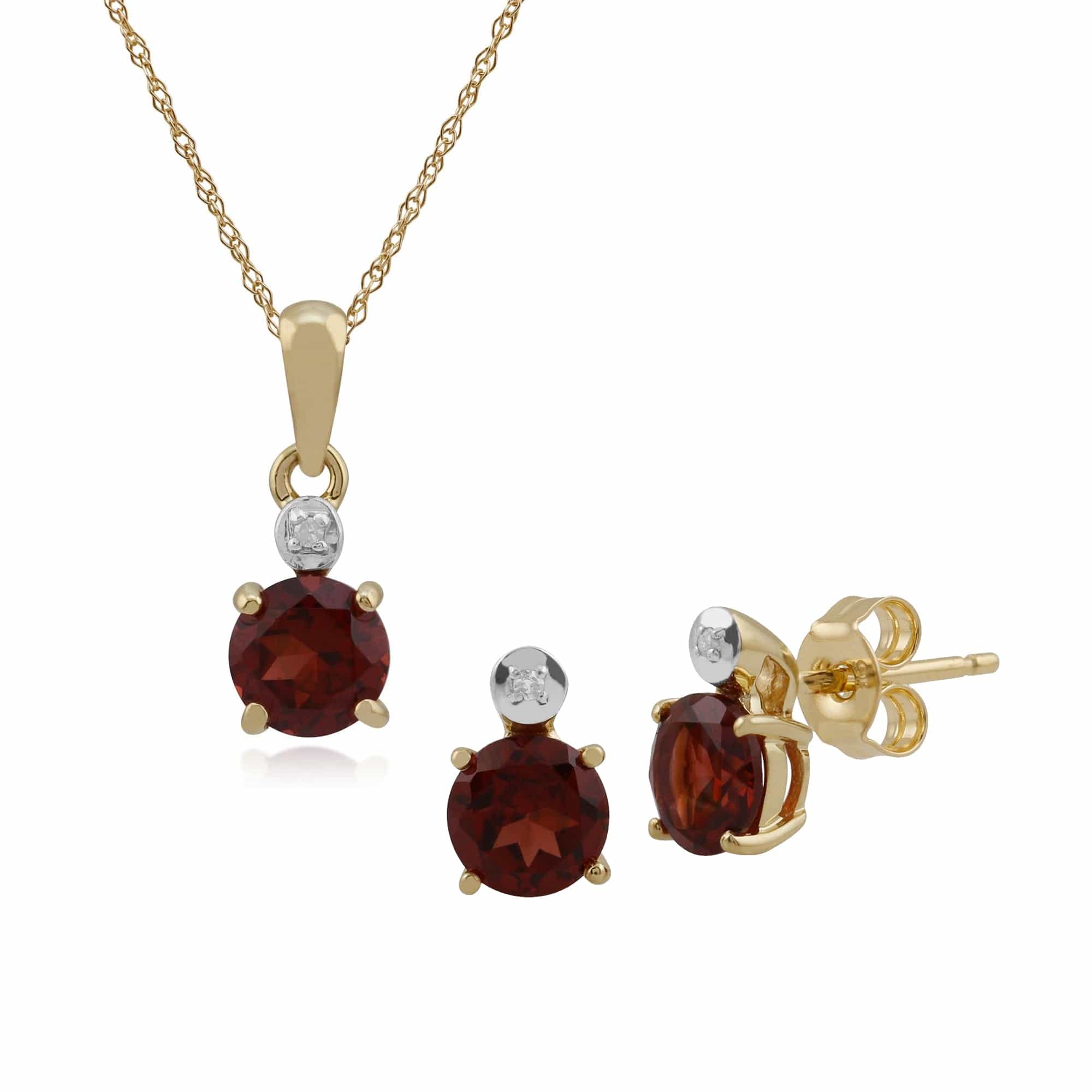 135E1265049-135P1641069 Classic Round Garnet & Diamond Stud Earrings & Pendant Set in 9ct Yellow Gold 1