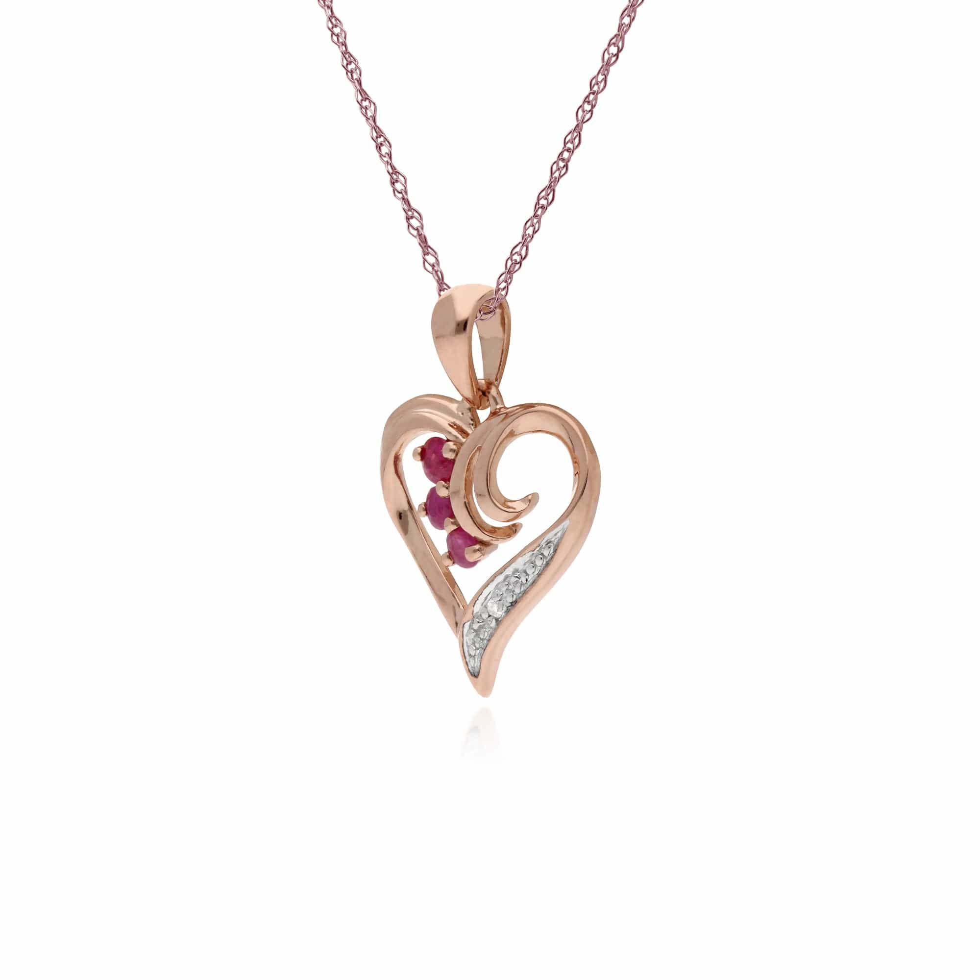 Classic Round Ruby & Diamond Swirled Love Heart Pendant in 9ct Rose Gold - Gemondo