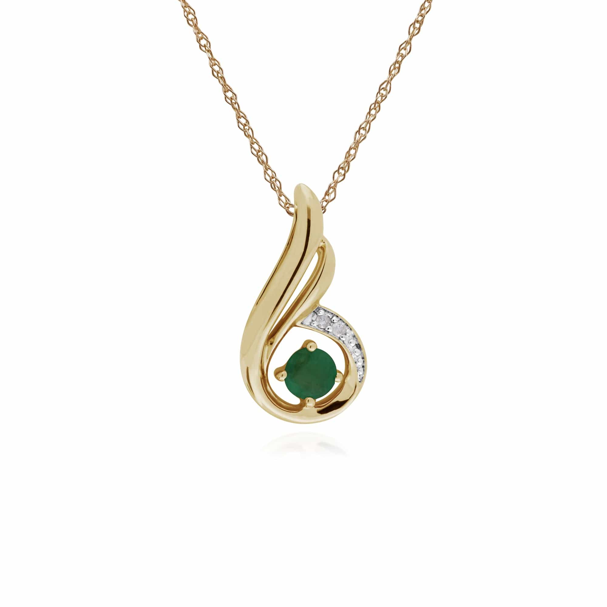 Classic Round Emerald & Diamond Spiral Drop Pendant in 9ct Yellow Gold - Gemondo