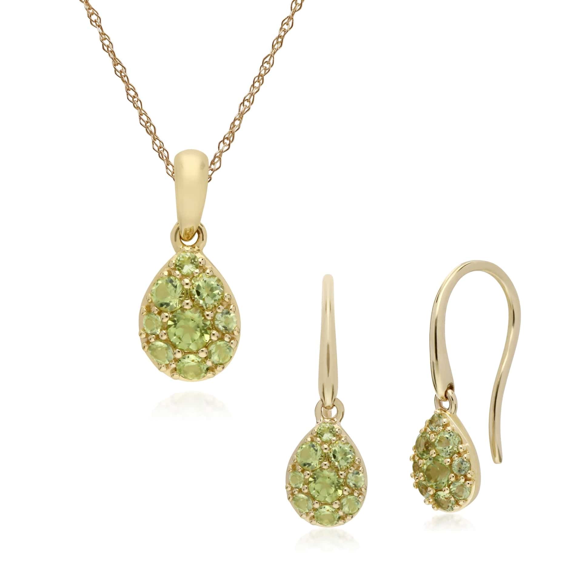 135E1574049-135P1909049 Classic Round Peridot Pear Cluster Drop Earrings & Pendant Set in 9ct Yellow Gold 1
