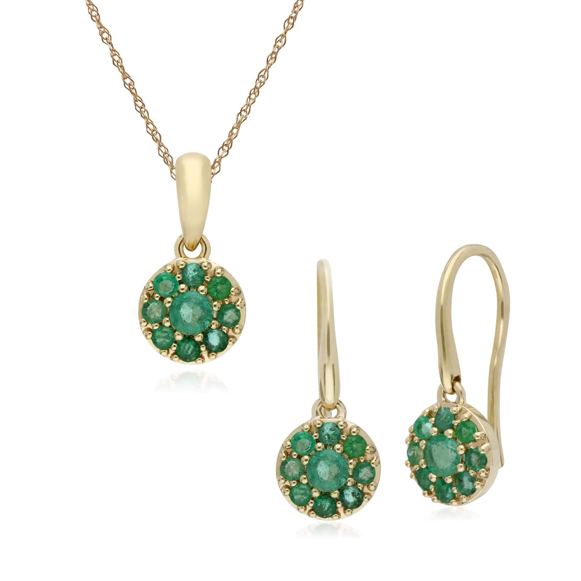 135E1573039-135P1910039 Classic Round Emerald Cluster Drop Earrings & Pendant Set in 9ct Yellow Gold 1