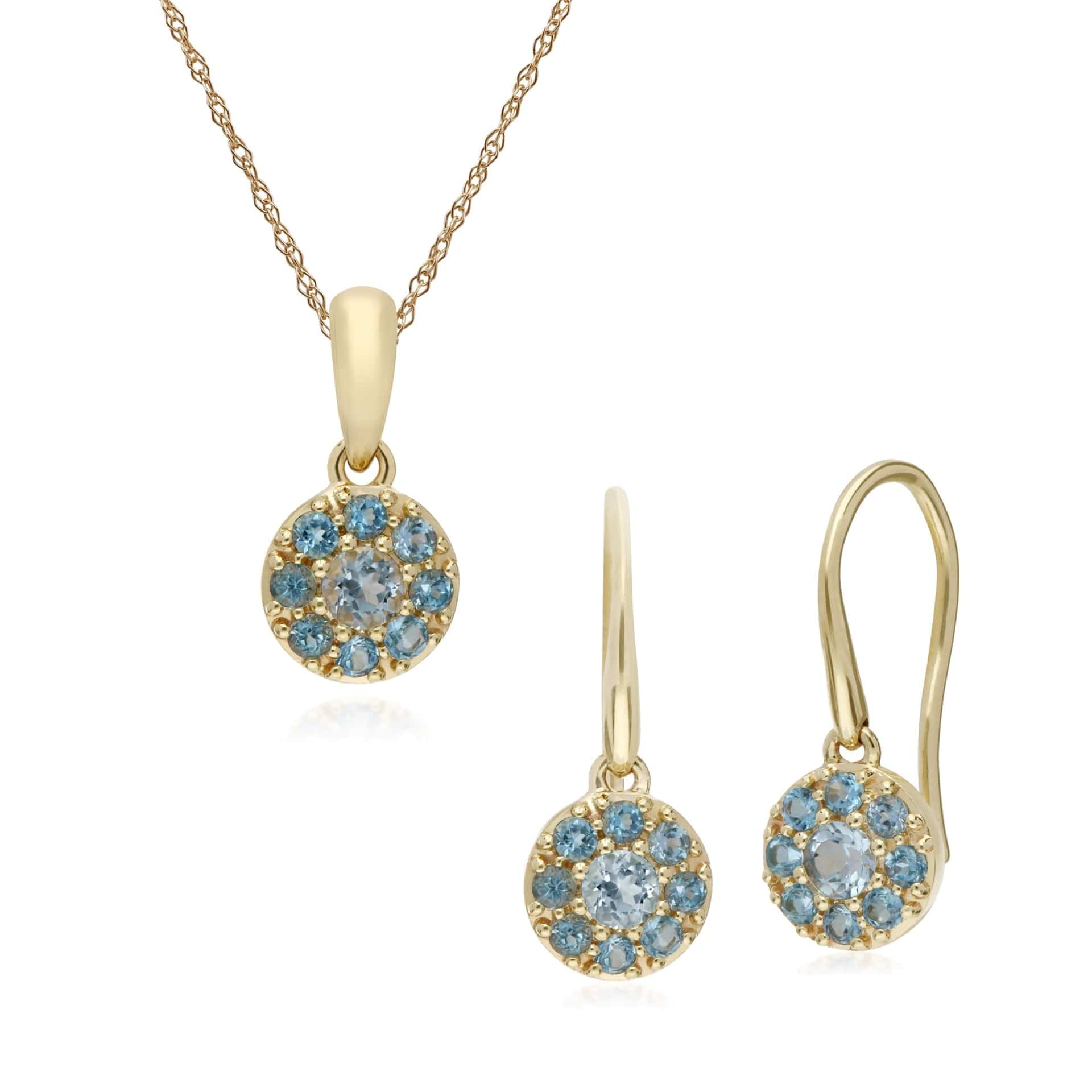135E1573059-135P1910059 Classic Round Blue Topaz Cluster Drop Earrings & Pendant Set in 9ct Yellow Gold 1