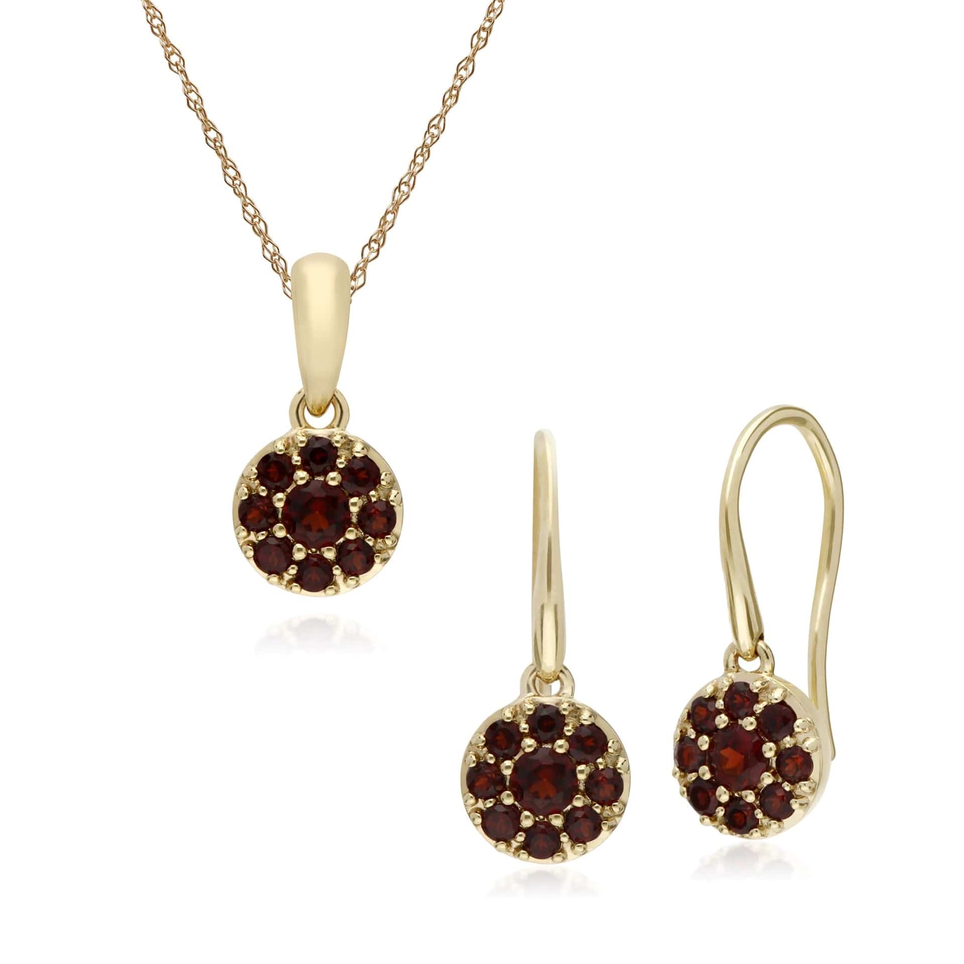 135E1573069-135P1910069 Classic Round Garnet Cluster Drop Earrings & Pendant Set in 9ct Yellow Gold 1