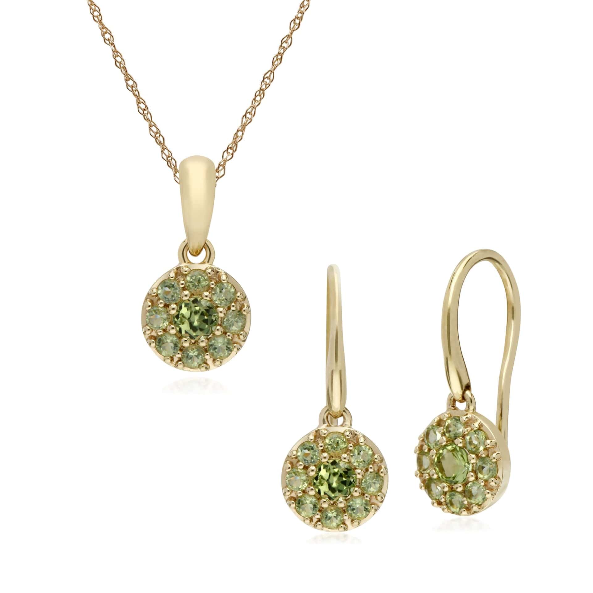 135E1573079-135P1910079 Classic Round Peridot Cluster Drop Earrings & Pendant Set in 9ct Yellow Gold 1