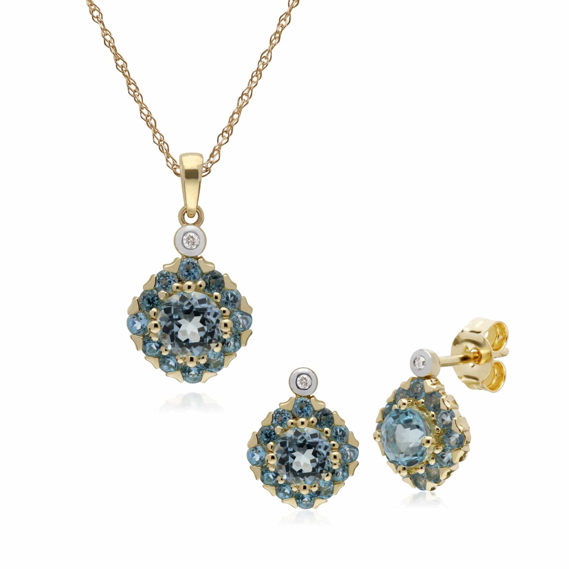 135E1571059-135P1911059 Classic Round Blue Topaz & Diamond Square Cluster Stud Earrings & Pendant Set in 9ct Yellow Gold 1
