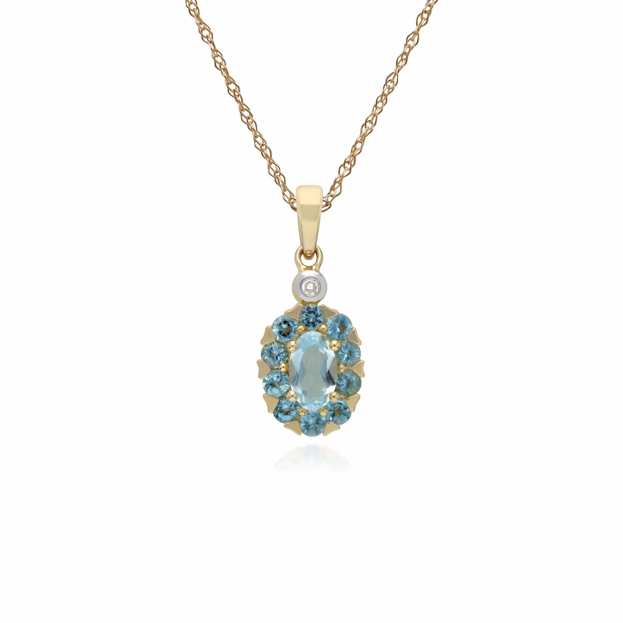 135E1572059-135P1912059 Classic Oval Blue Topaz & Diamond Cluster Stud Earrings & Pendant Set in 9ct Yellow Gold 3