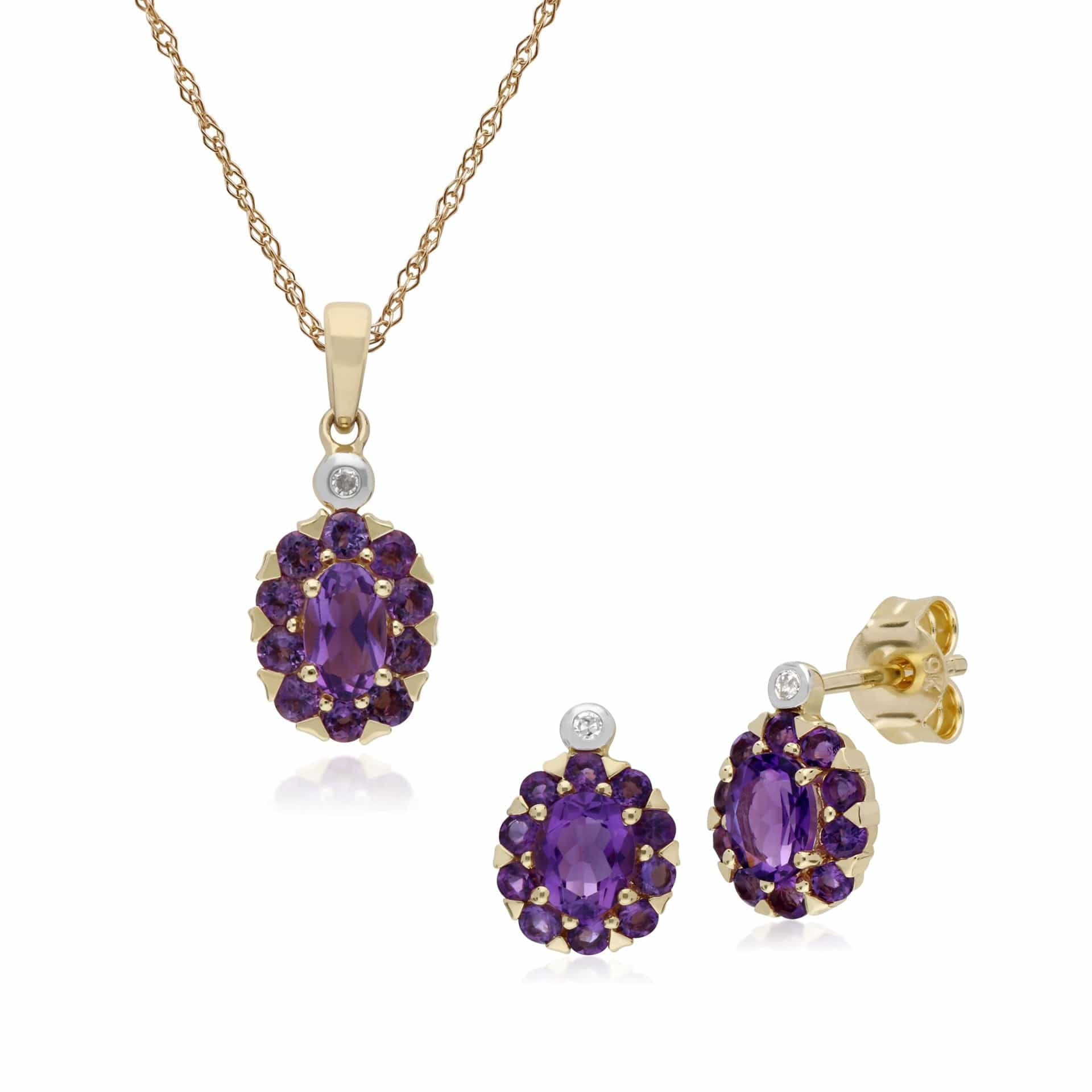 135E1572049-135P1912049 Classic Oval Amethyst & Diamond Cluster Stud Earrings & Pendant Set in 9ct Yellow Gold 1