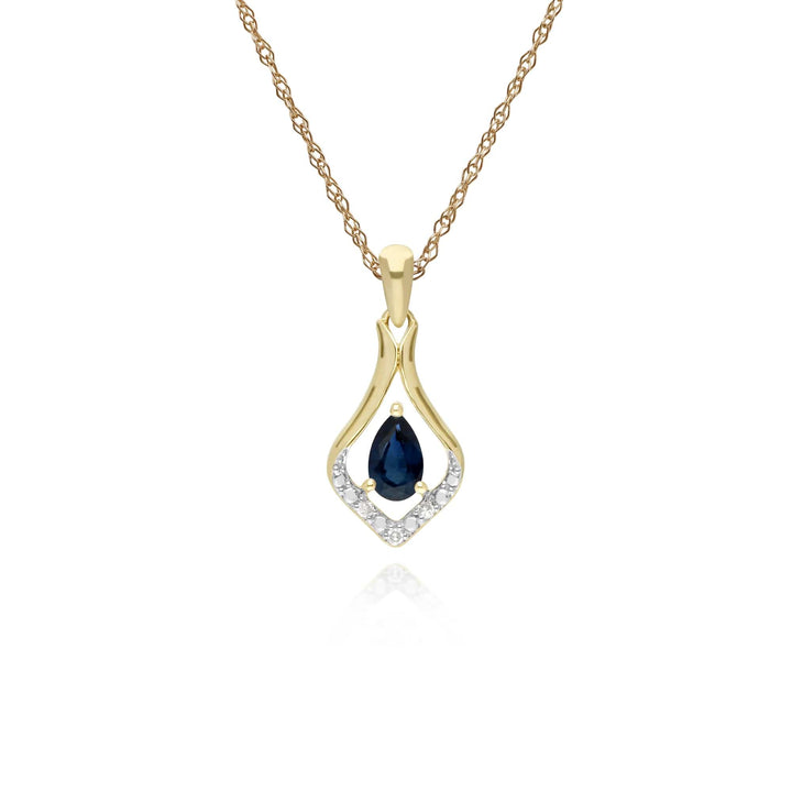 135P1915029 Classic Pear Sapphire & Three Diamond Leaf Halo Pendant in 9ct Yellow Gold 1
