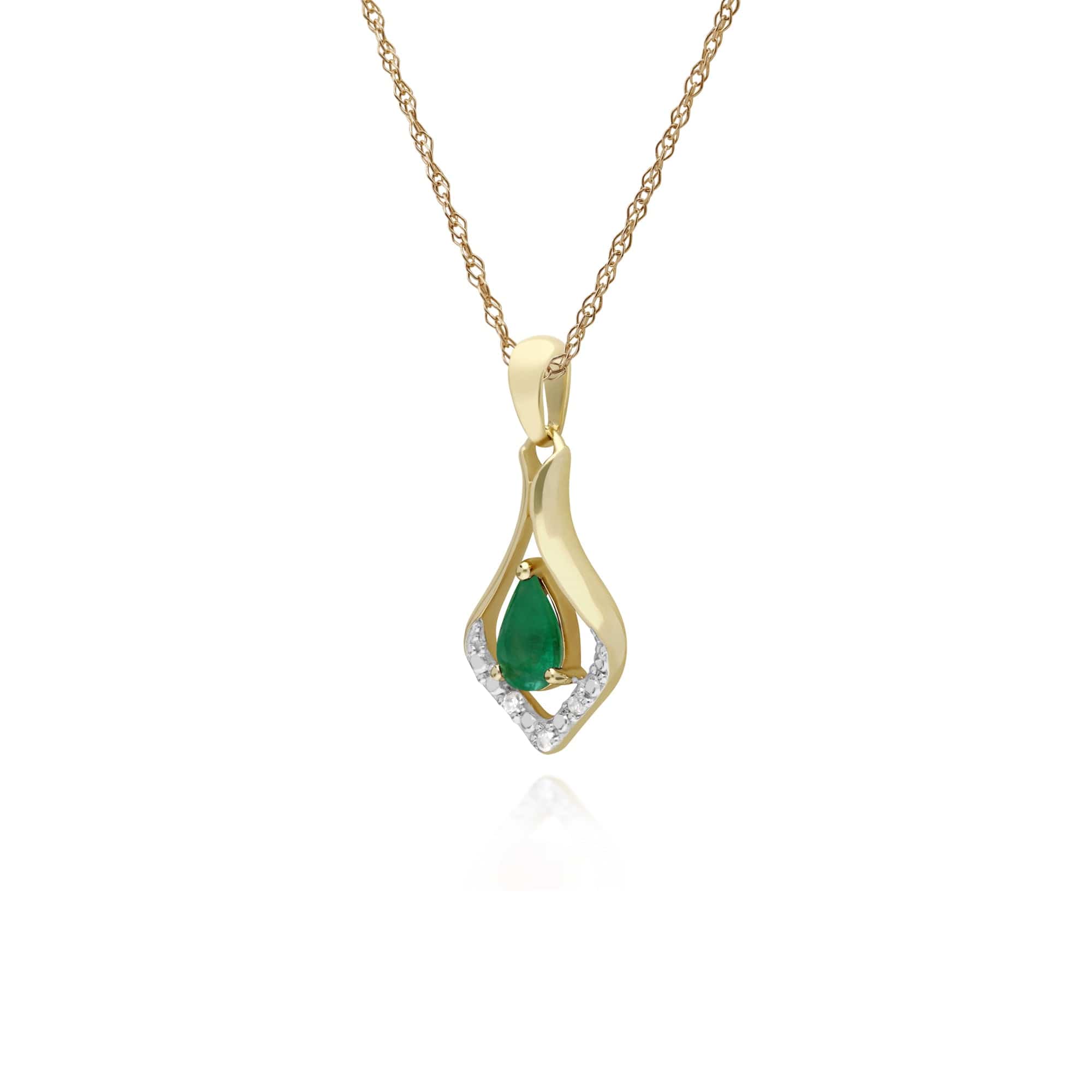 135P1915039 Classic Pear Emerald & Three Diamond Leaf Halo Pendant in 9ct Gold 4