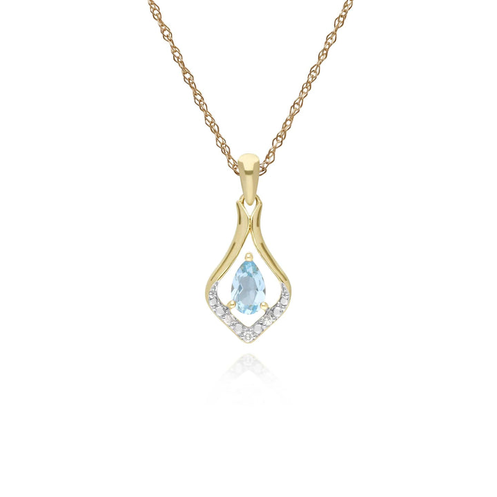 135P1915069 Classic Pear Blue Topaz & Three Diamond Leaf Halo Pendant in 9ct Yellow Gold 1