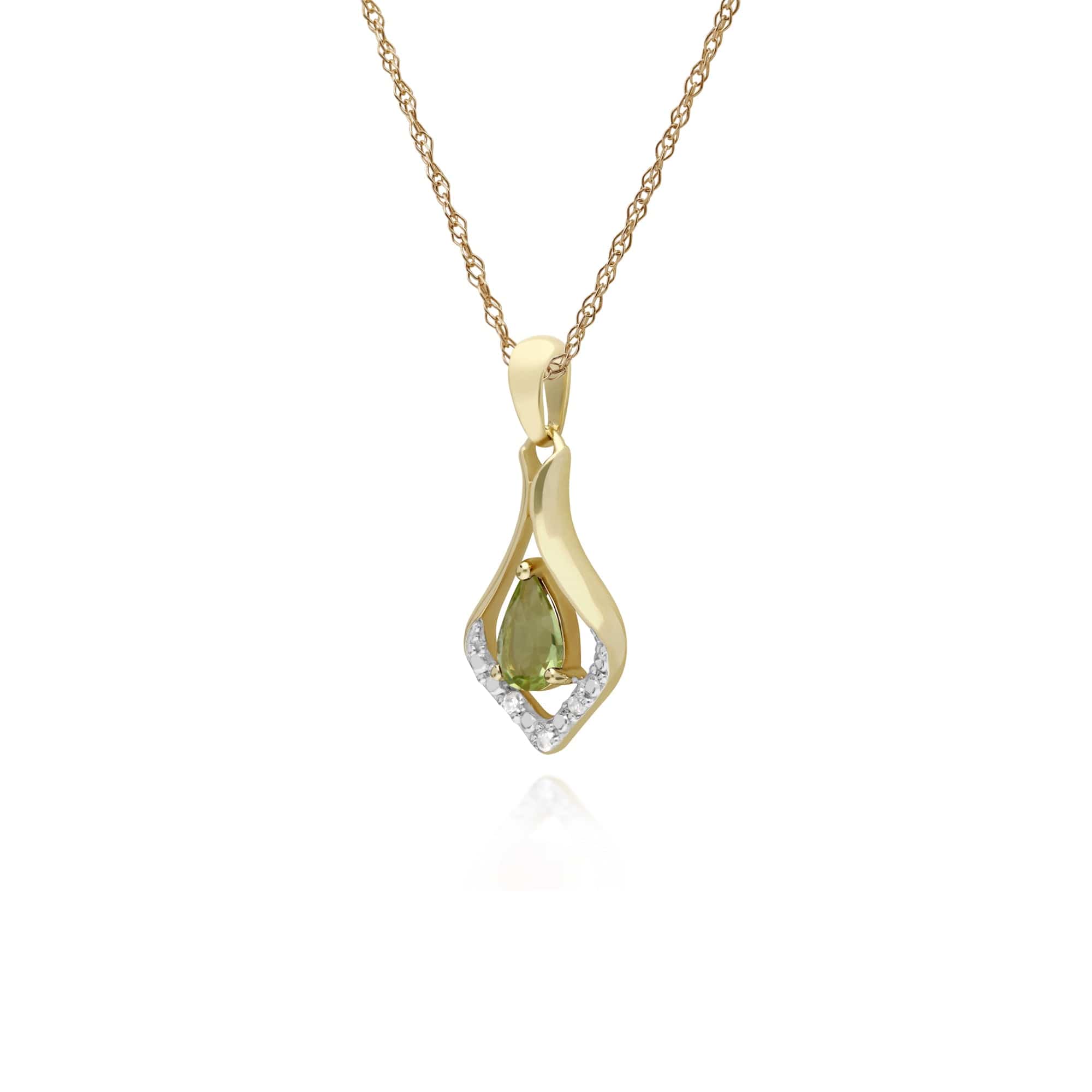Classic Pear Peridot &  Diamond Leaf Halo Pendant in 9ct Yellow Gold - Gemondo