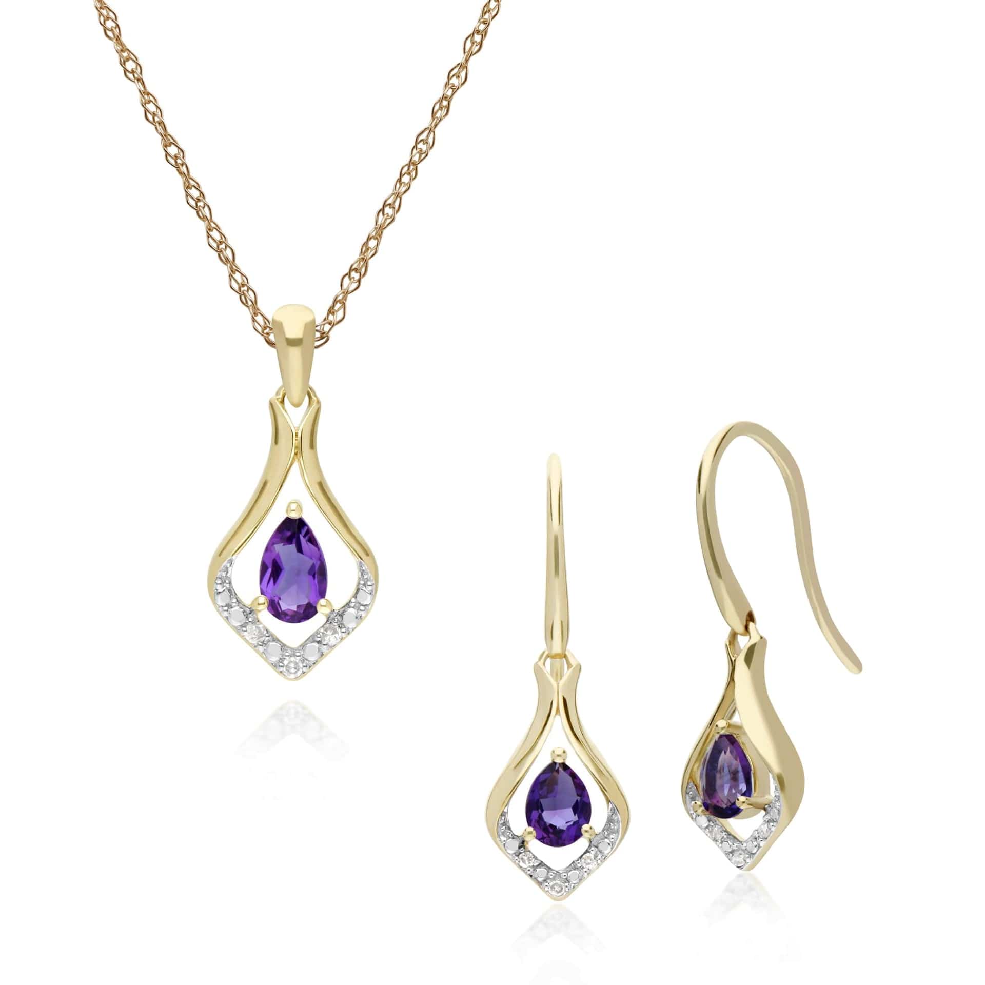 135E1577059-135P1915059 Classic Oval Amethyst & Diamond Leaf Drop Earrings & Pendant Set in 9ct Gold 1
