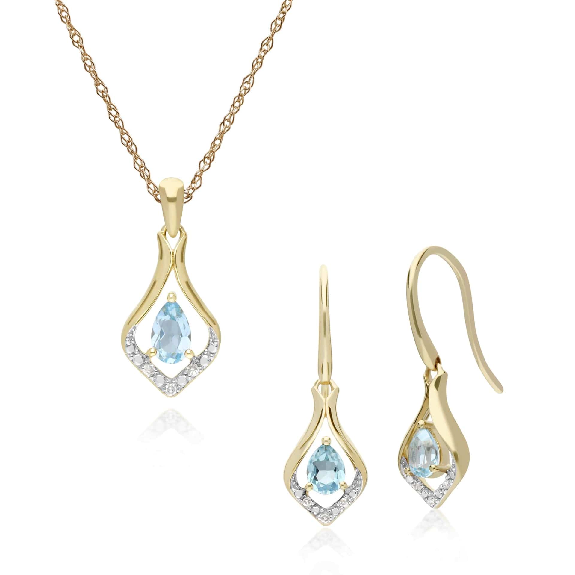 Classic Blue Topaz & Diamond Leaf Drop Earrings & Pendant Set Image 1