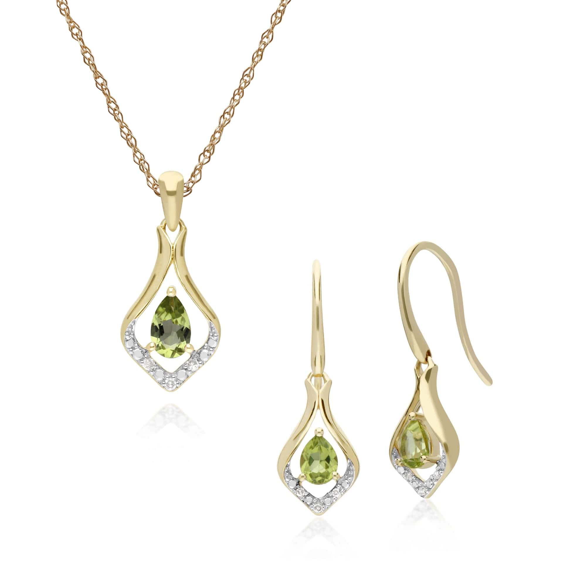 135E1577089-135P1915089 Classic Oval Peridot & Diamond Leaf Drop Earrings & Pendant Set in 9ct Yellow Gold 1