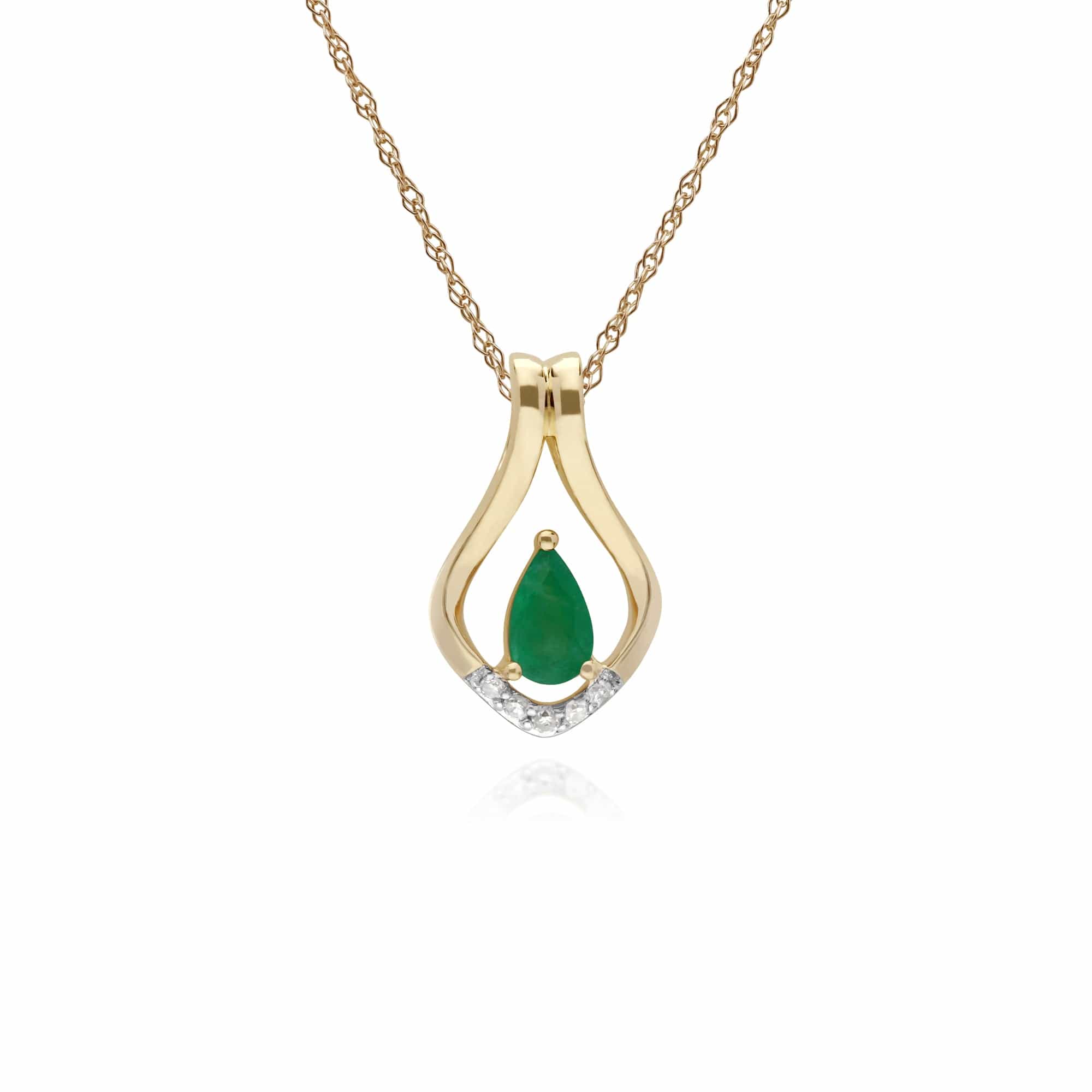 Classic Pear Emerald & Five Diamond Leaf Halo Pendant in 9ct Gold - Gemondo