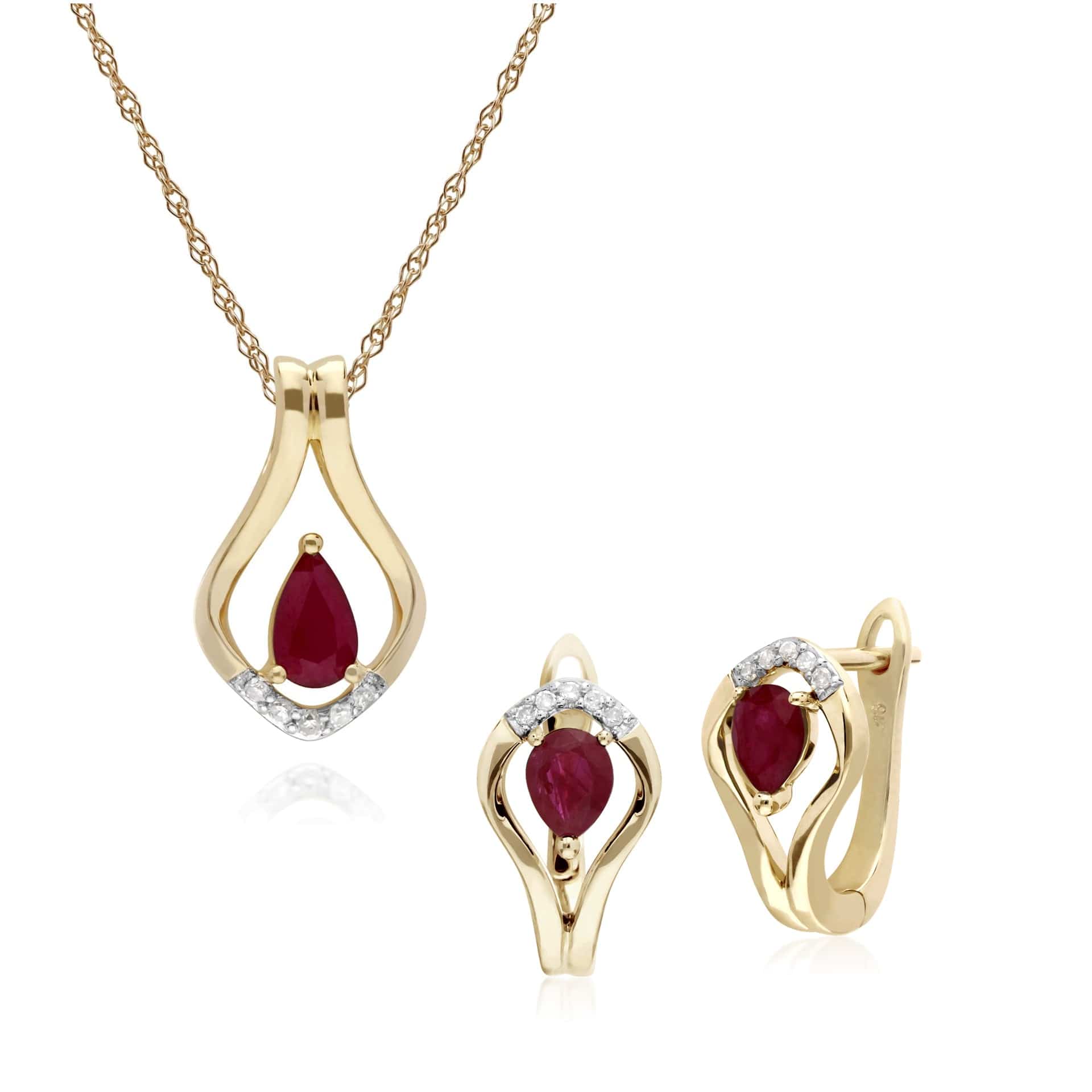 135E1578019-135P1916019 Classic Oval Ruby & Diamond Leaf Lever back Earrings & Pendant Set in 9ct Yellow Gold 1