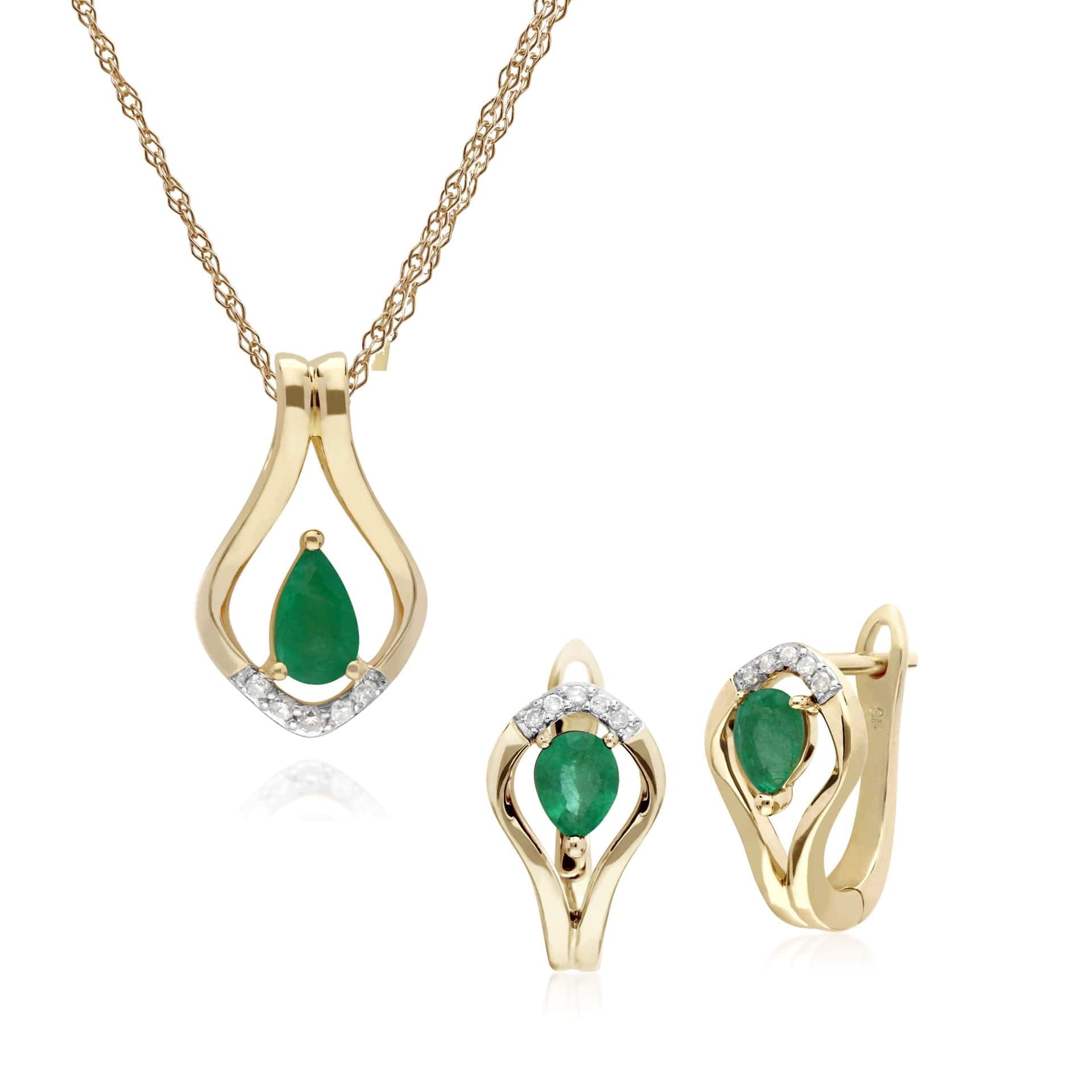 Classic Emerald & Diamond Leaf Lever back Earrings & Pendant Set Image 1