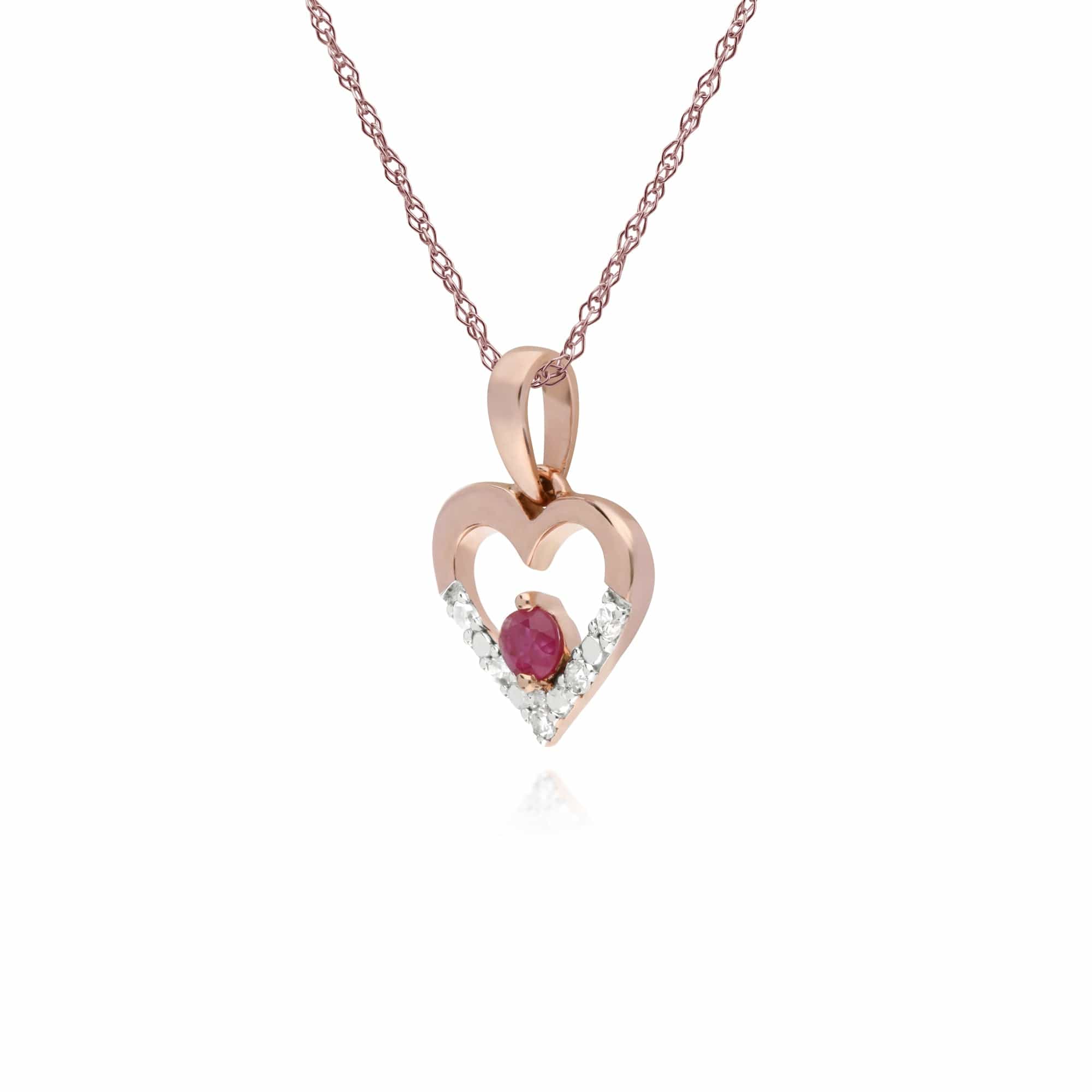 Classic Round Ruby & Diamond Love Heart Shaped Pendant in 9ct Rose Gold - Gemondo