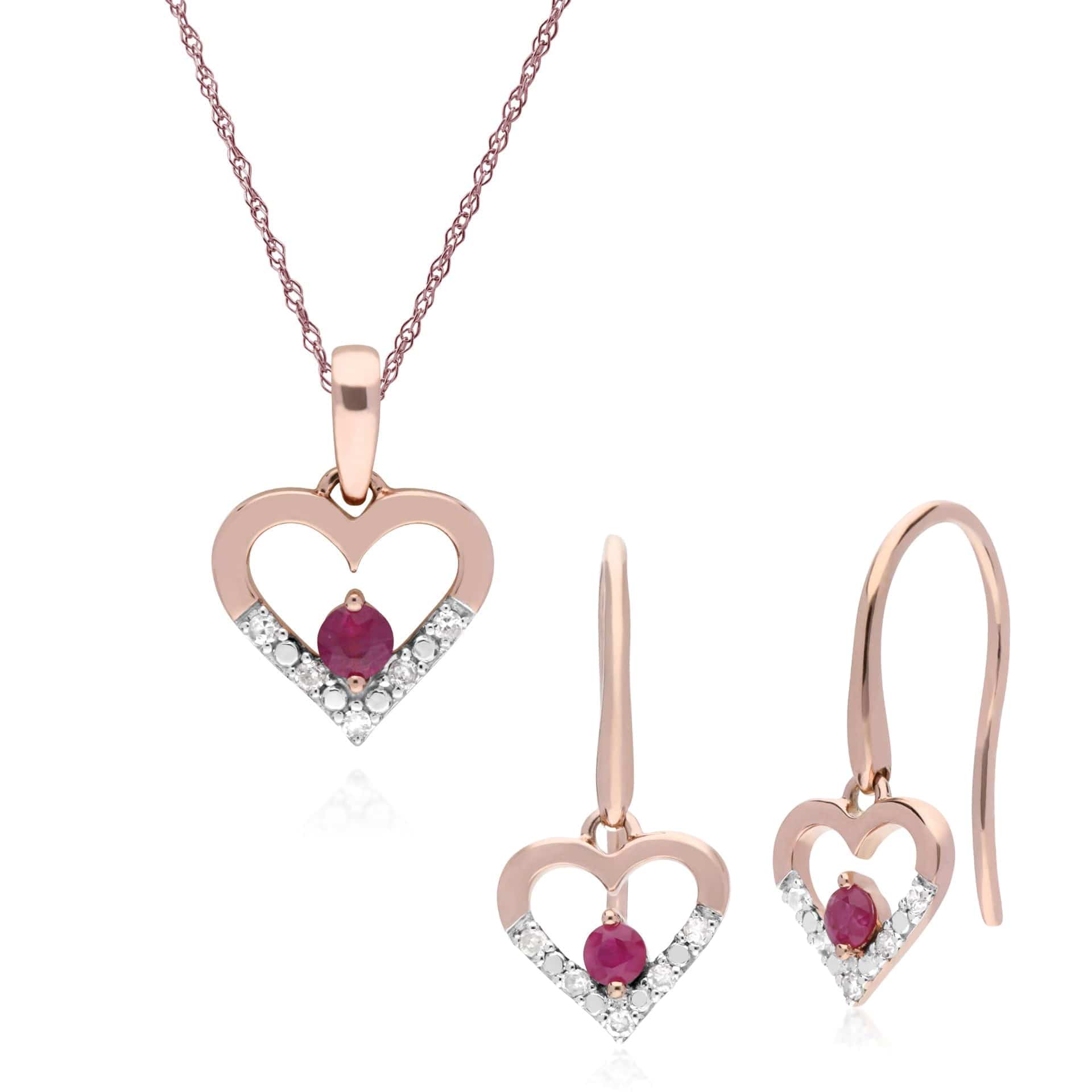 135E1580019-135P1921019 Classic Round Ruby & Diamond Heart Drop Earrings & Pendant Set in 9ct Rose Gold 1