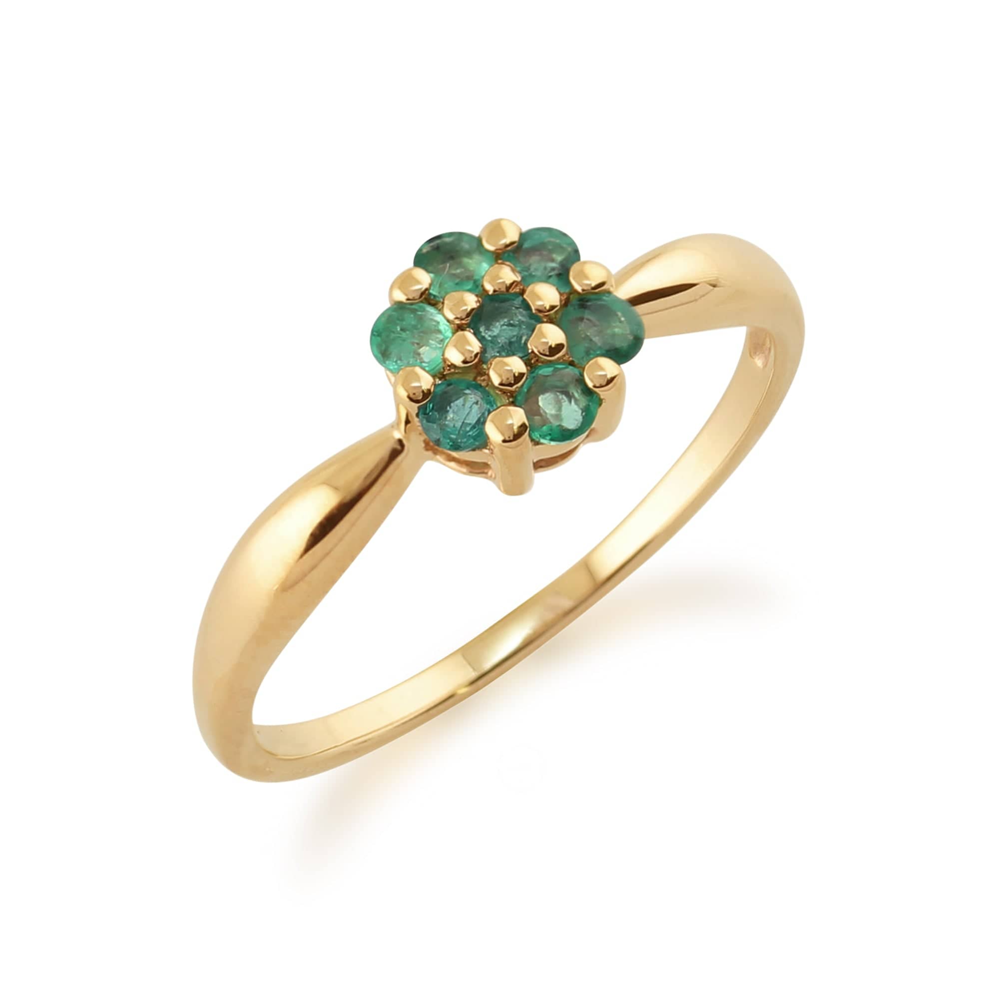 Floral Round Emerald Cluster Ring in 9ct Yellow Gold - Gemondo
