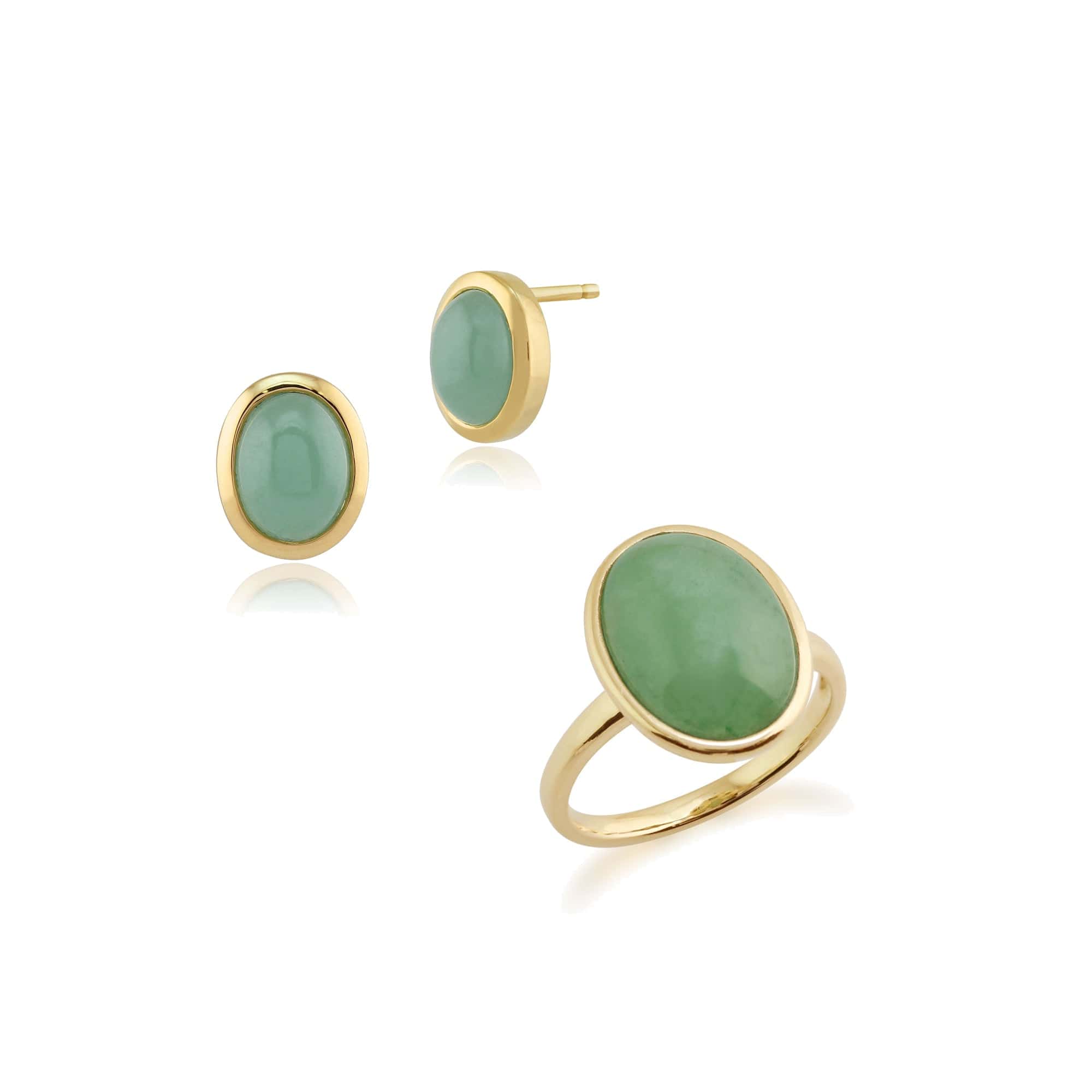 18899-135R1250039 Classic Oval Dyed Green Jade Bezel Stud Earrings & Cocktail Ring Set in 9ct Yellow Gold 1
