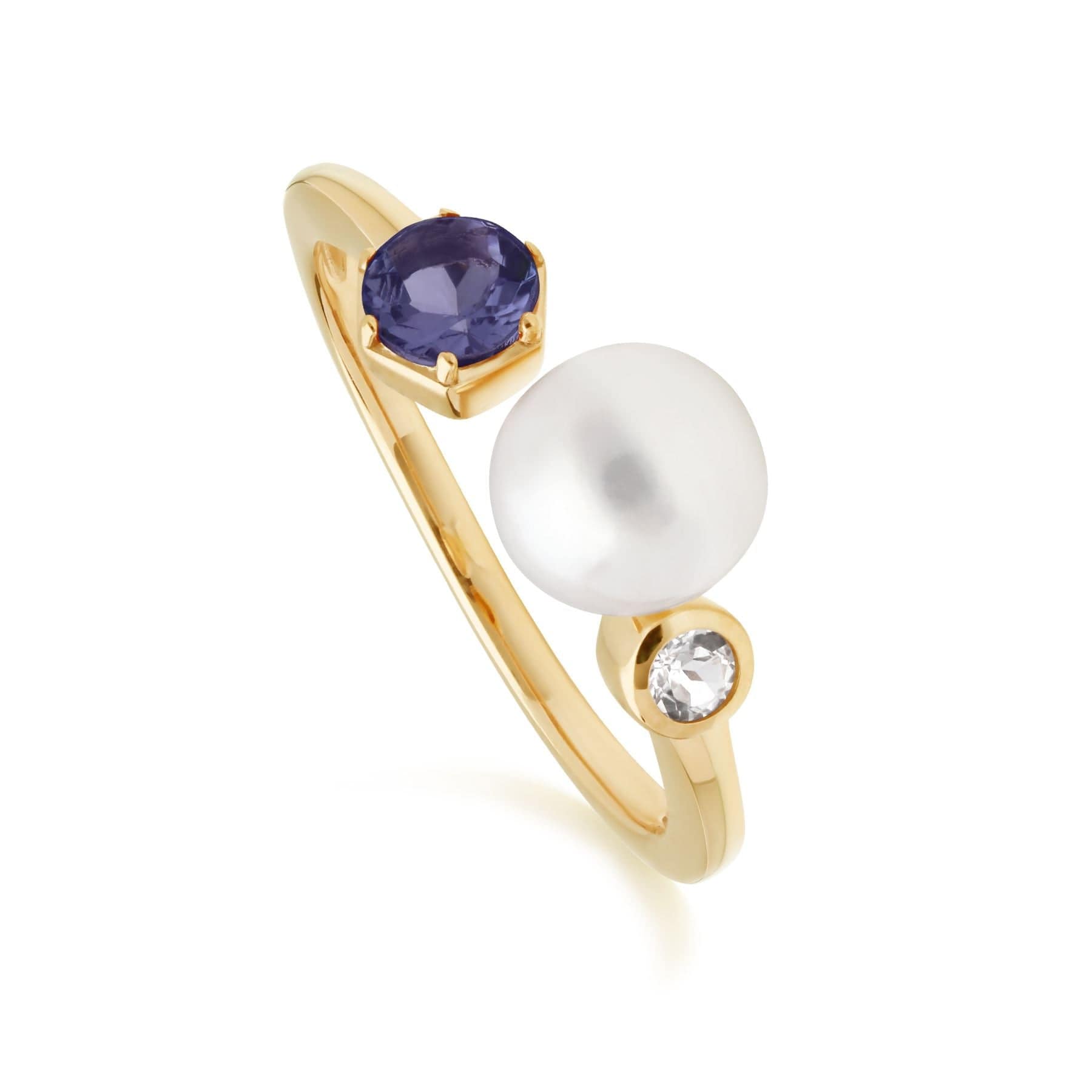 Modern Pearl, Tanzanite & Topaz Open Ring in Gold Plated Sterling Silver