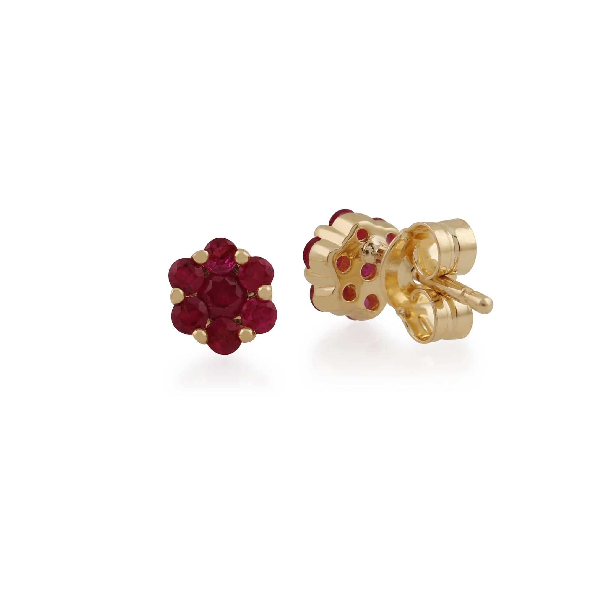 145E0114149 Floral Round Ruby Cluster Stud Earrings in 9ct Yellow Gold 2