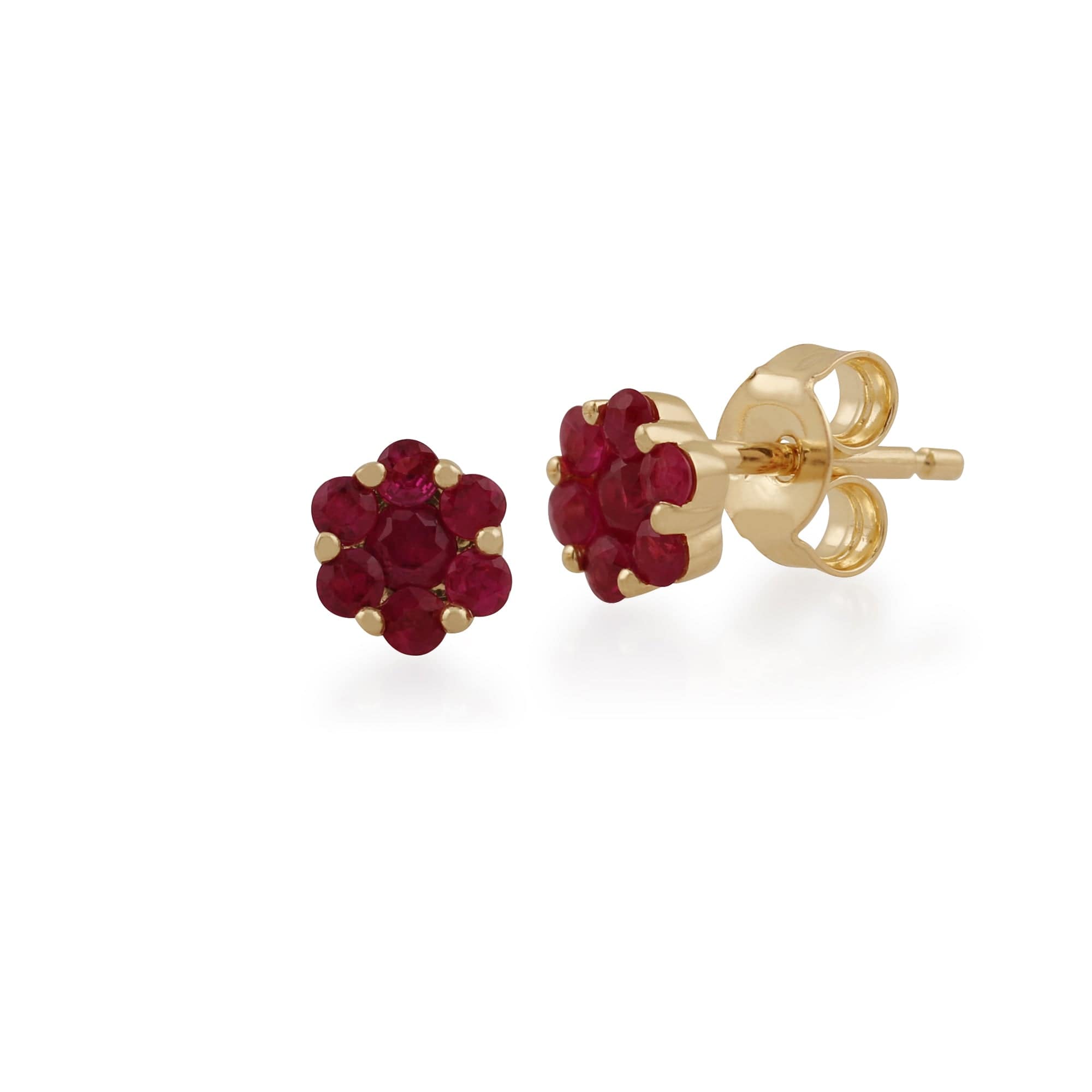 Floral Round Ruby Cluster Stud Earrings in 9ct Yellow Gold - Gemondo