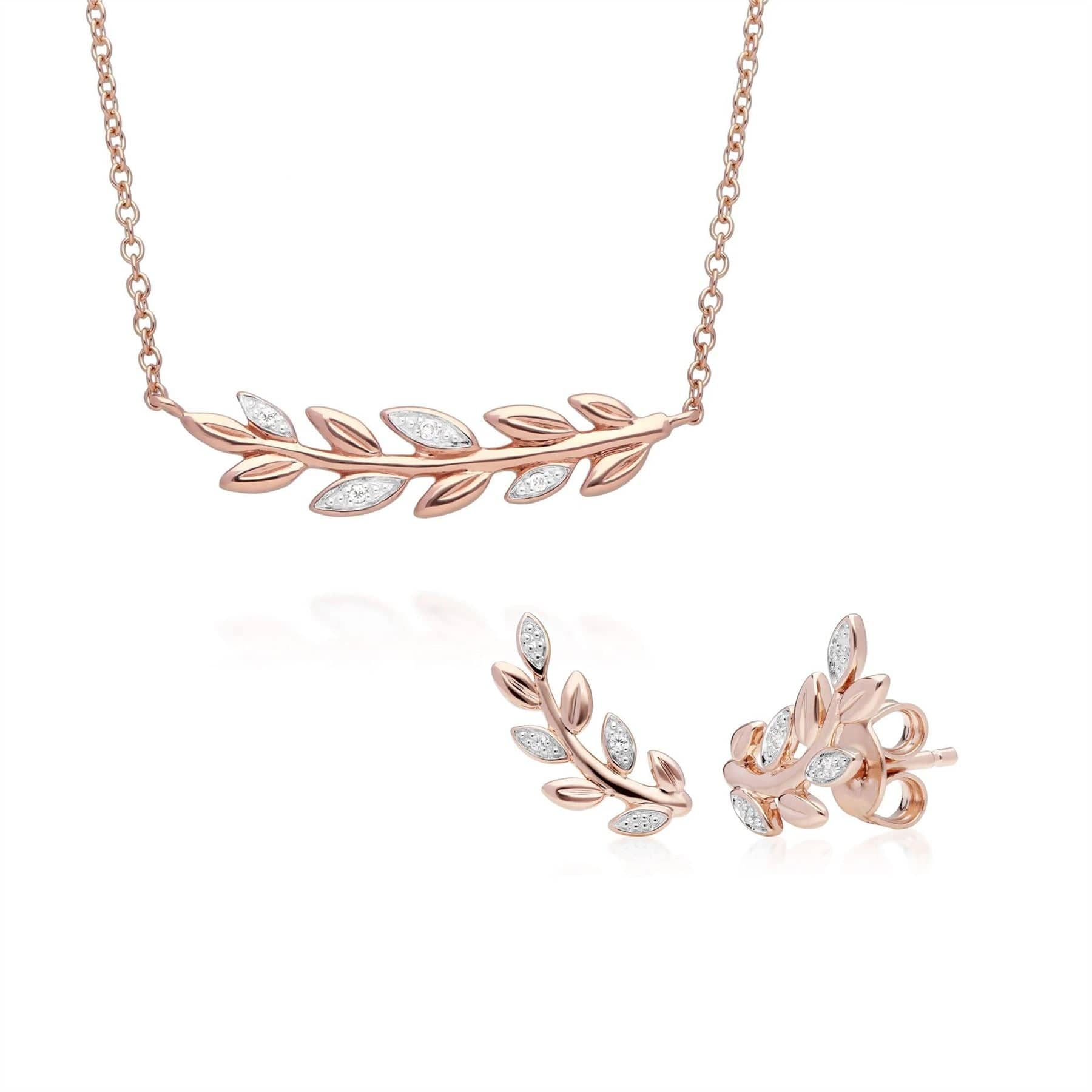 O Leaf Diamond Necklace & Stud Stud Earring Set in 9ct Rose Gold - Gemondo