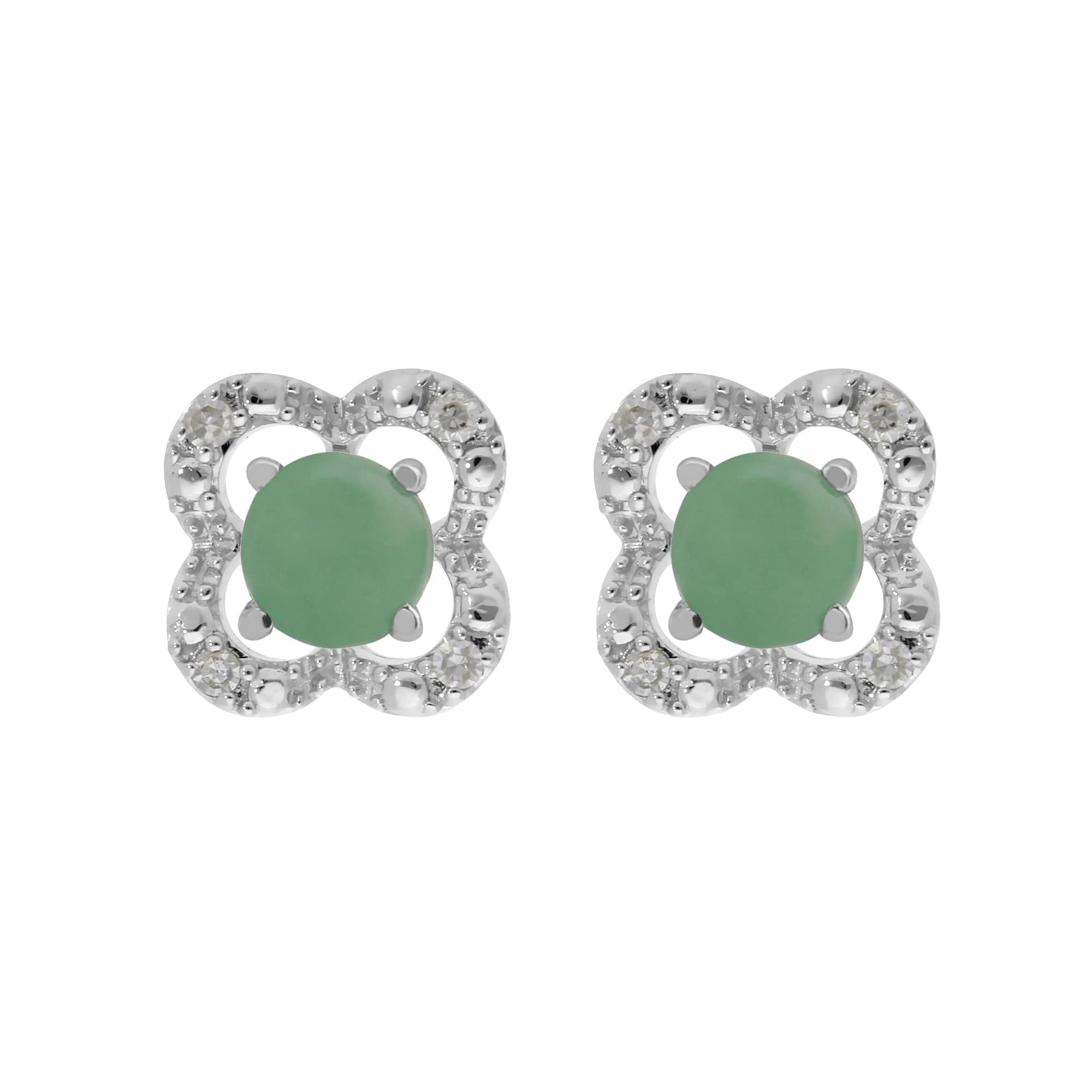 162E0071149-162E0244019 Classic Round Jade Stud Earrings with Detachable Diamond Flower Ear Jacket in 9ct White Gold 1