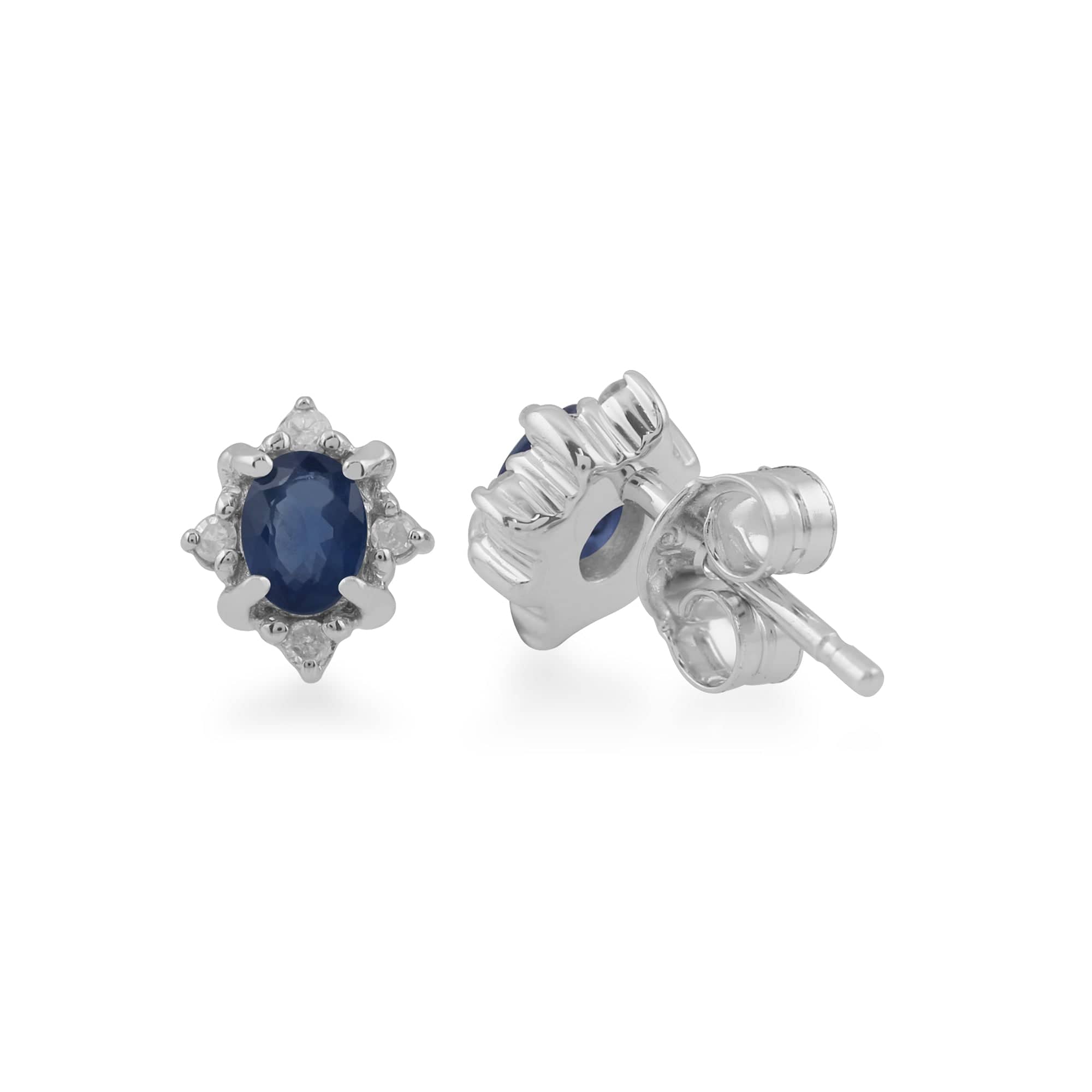 Classic Oval Sapphire & Diamond Cluster Stud Earrings in 9ct White Gold - Gemondo