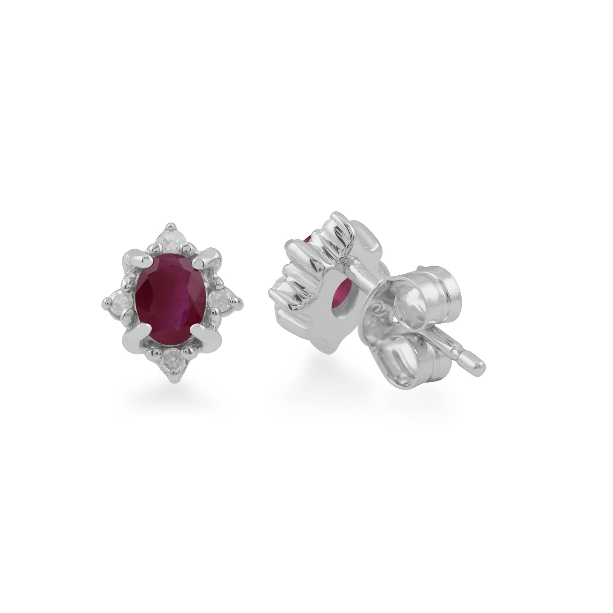 Classic Oval Ruby & Diamond Cluster Stud Earrings in 9ct White Gold - Gemondo