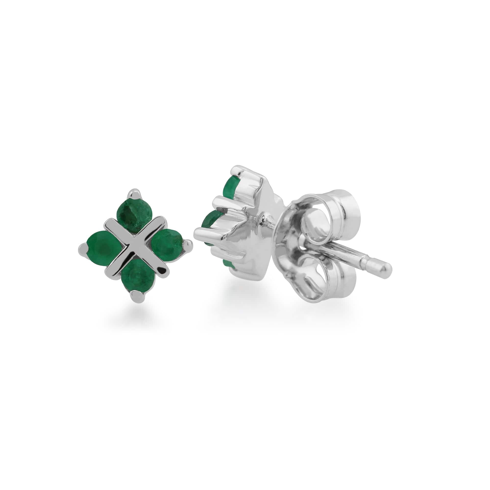 Floral Round Emerald Clover Kiss Stud Earrings in 9ct White Gold - Gemondo