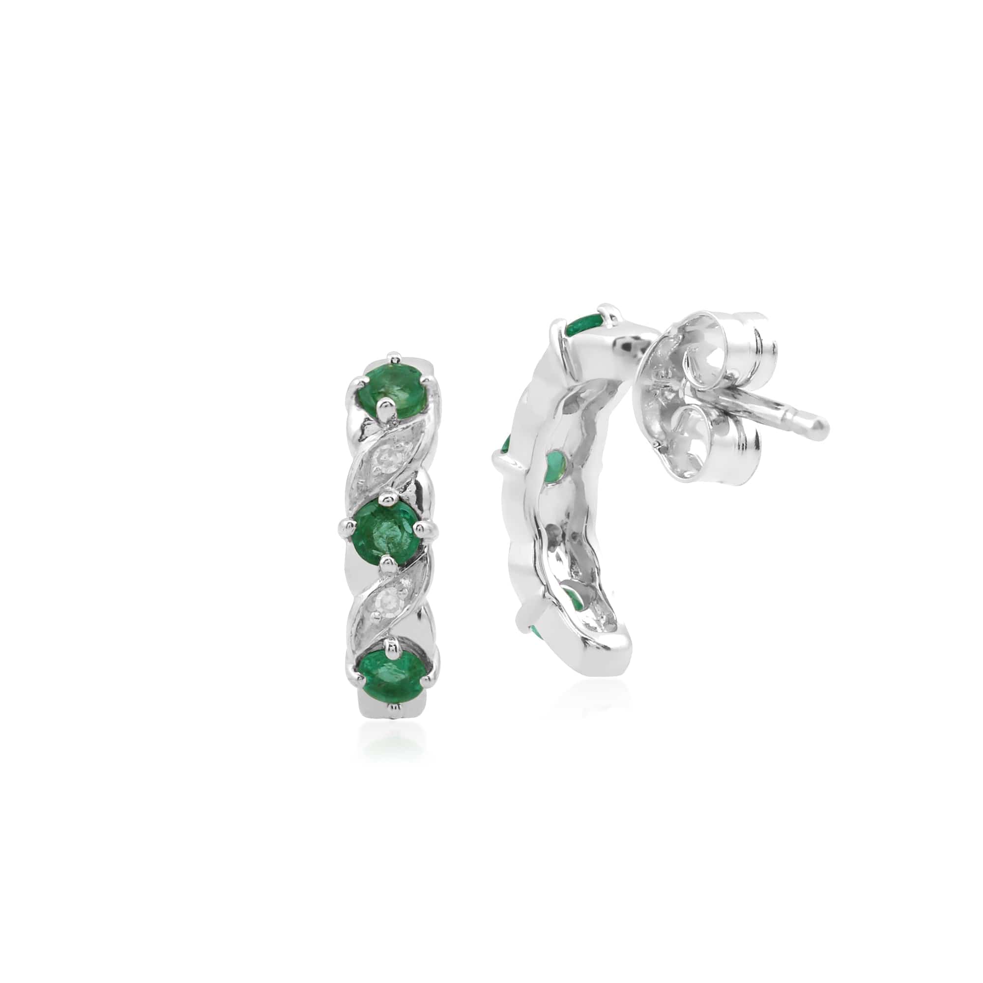 162E0238019 Classic Round Emerald & Diamond Half Hoop Earrings in 9ct White Gold 2
