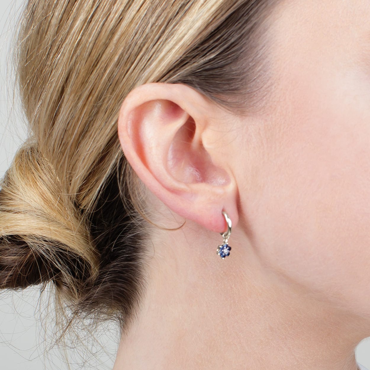 Floral Round Sapphire & Diamond Omega Back Hoop Earrings in 9ct White Gold - Gemondo